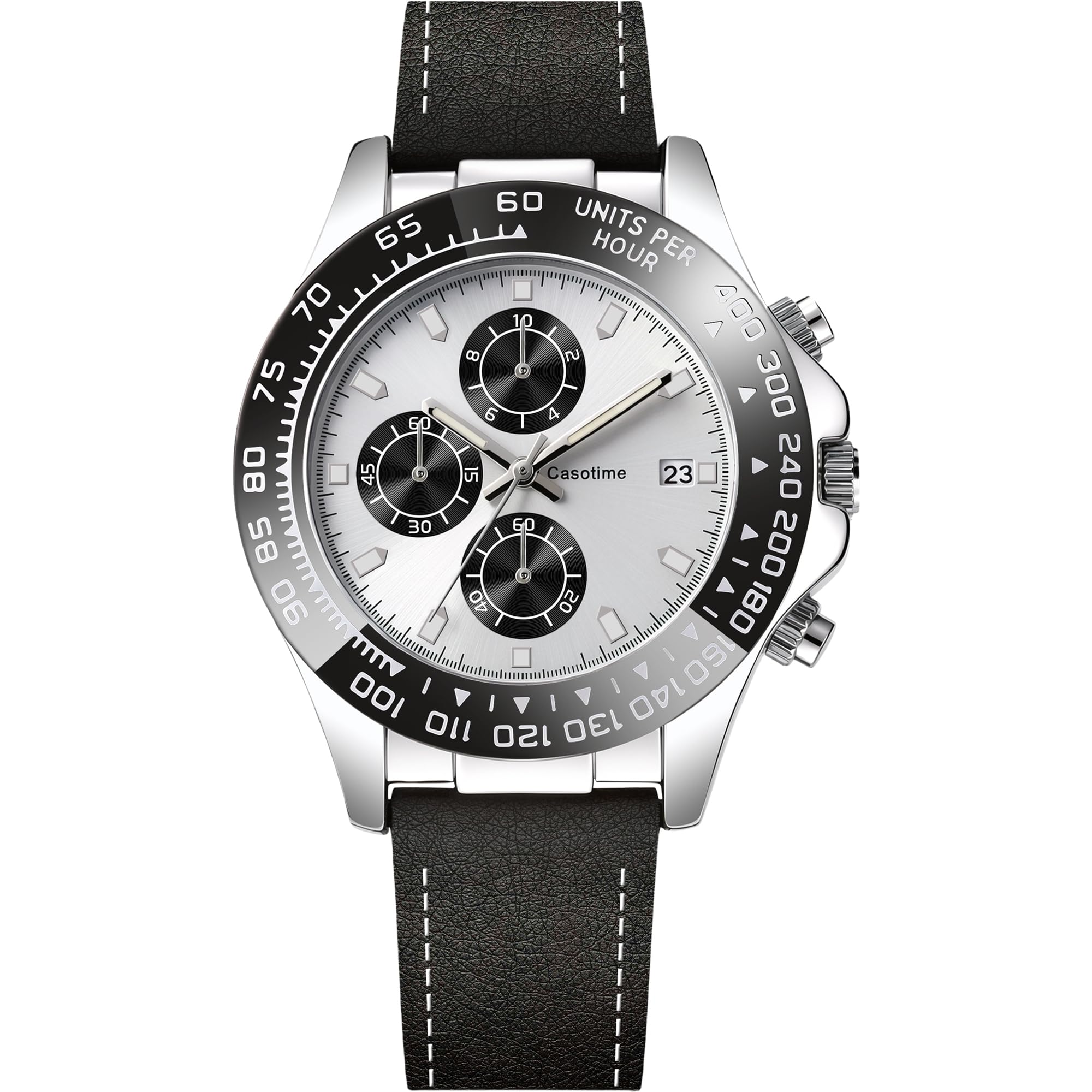 Casotime Men's Leather Chronograph Watch,Luminous Hands,Gift for Men | 3ATM Waterproof Dress Watch,Quartz Analog Wrist Watch,Stainless Steel Case,Date Display,Classic Luxury Vintage Big Face