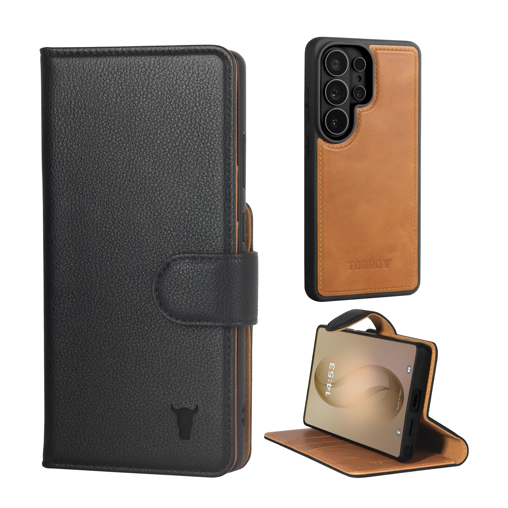 TORRO Custodia in pelle compatibile con Samsung Galaxy S26 Ultra 5G 2026 – Custodia in pelle con portafoglio staccabile magneticamente, supporto e slot per carte (Nero)