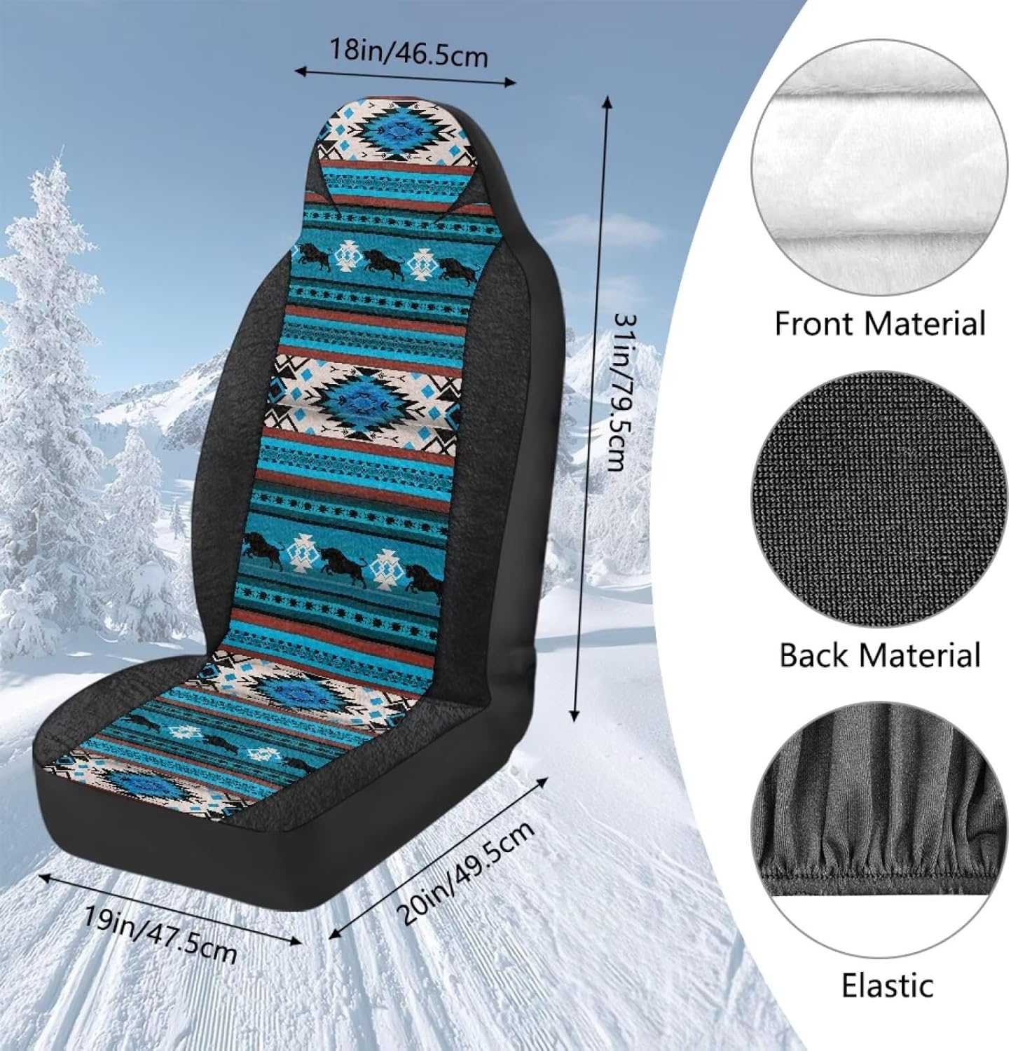 Bulopur Fluffy Car Seat Covers 2 PC Aztec Navajo Automotive Front Bucket Seat Cover Blue Soft Comfy Vehicle Interior Cushion Covers for Highback Seats