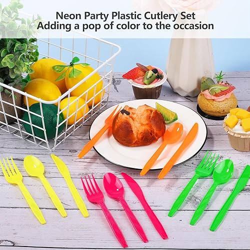Miniatura 4 de Juego de cubiertos de plástico de 300 piezas de neón para fiestas, juegos de cubiertos desechables de colores, incluye 100 tenedores de neón para