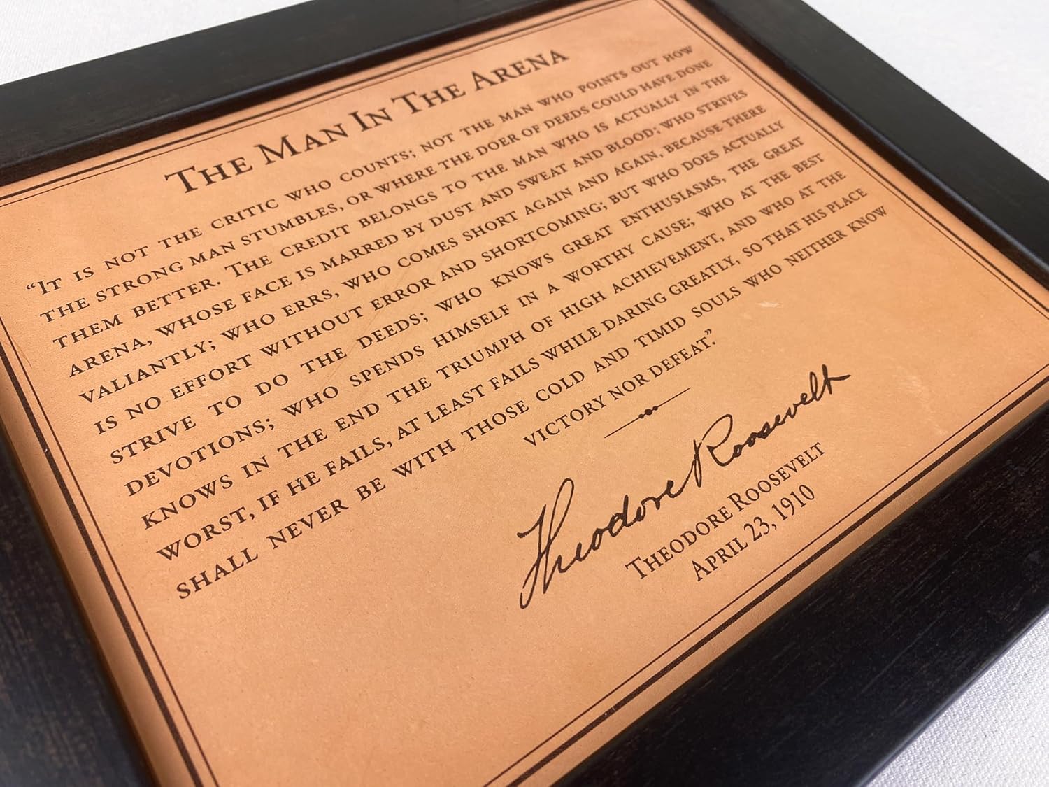 The Man in the Arena by Theodore Roosevelt Engraved Quote Leather Art (8x10 inches framed)