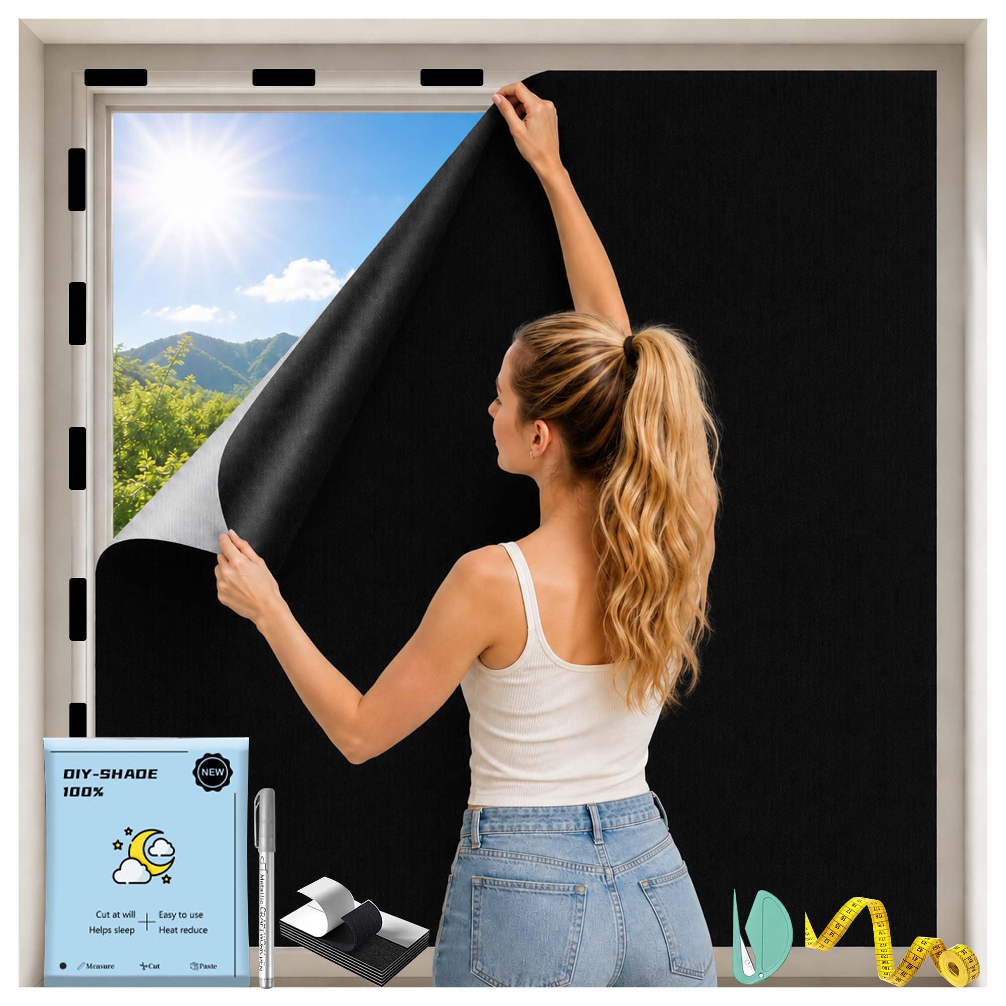 KUIYU Portable Thermal Blackout Blinds Stick On 300×145cm