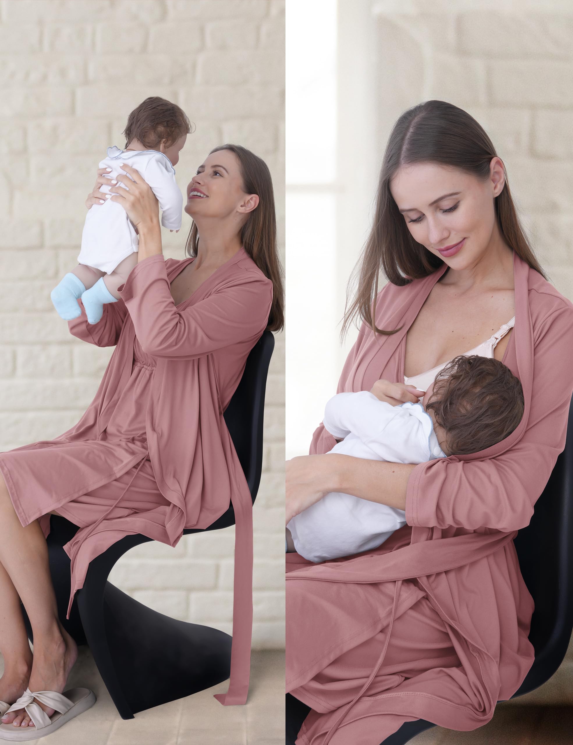 SUNNYBUY Chemise de nuit de grossesse et d'allaitement avec robe de chambre 2 pièces | Ensemble de vêtements de nuit de grossesse 3 en 1 pour naissance, puériculture et allaitement, vêtements de nuit