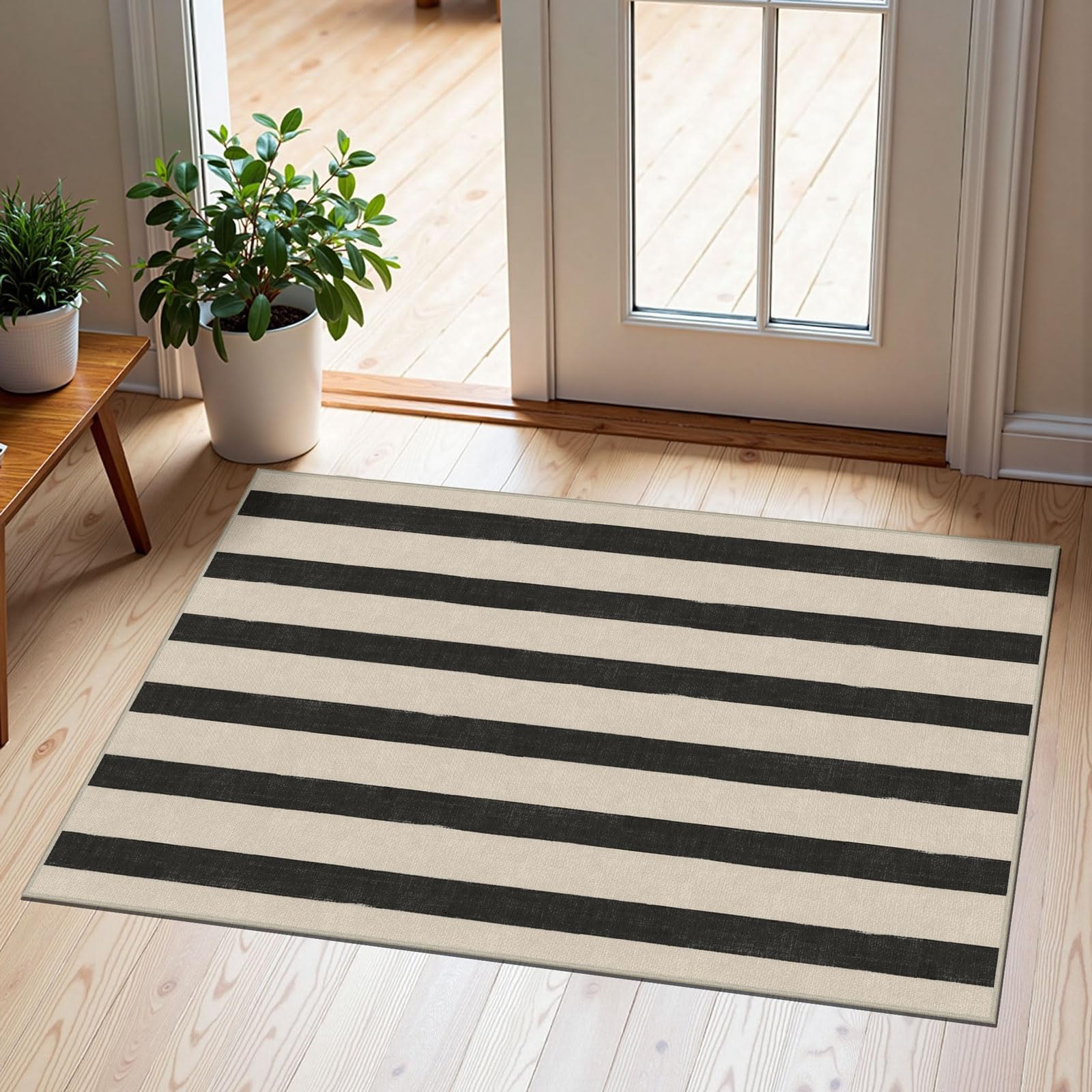 Othilic Black and White Striped Outdoor Rug - 2x3 Non-Slip Front Door Mat Outside Entrance Washable Doormat Indoor Outdoor Entry Rug Small Layered