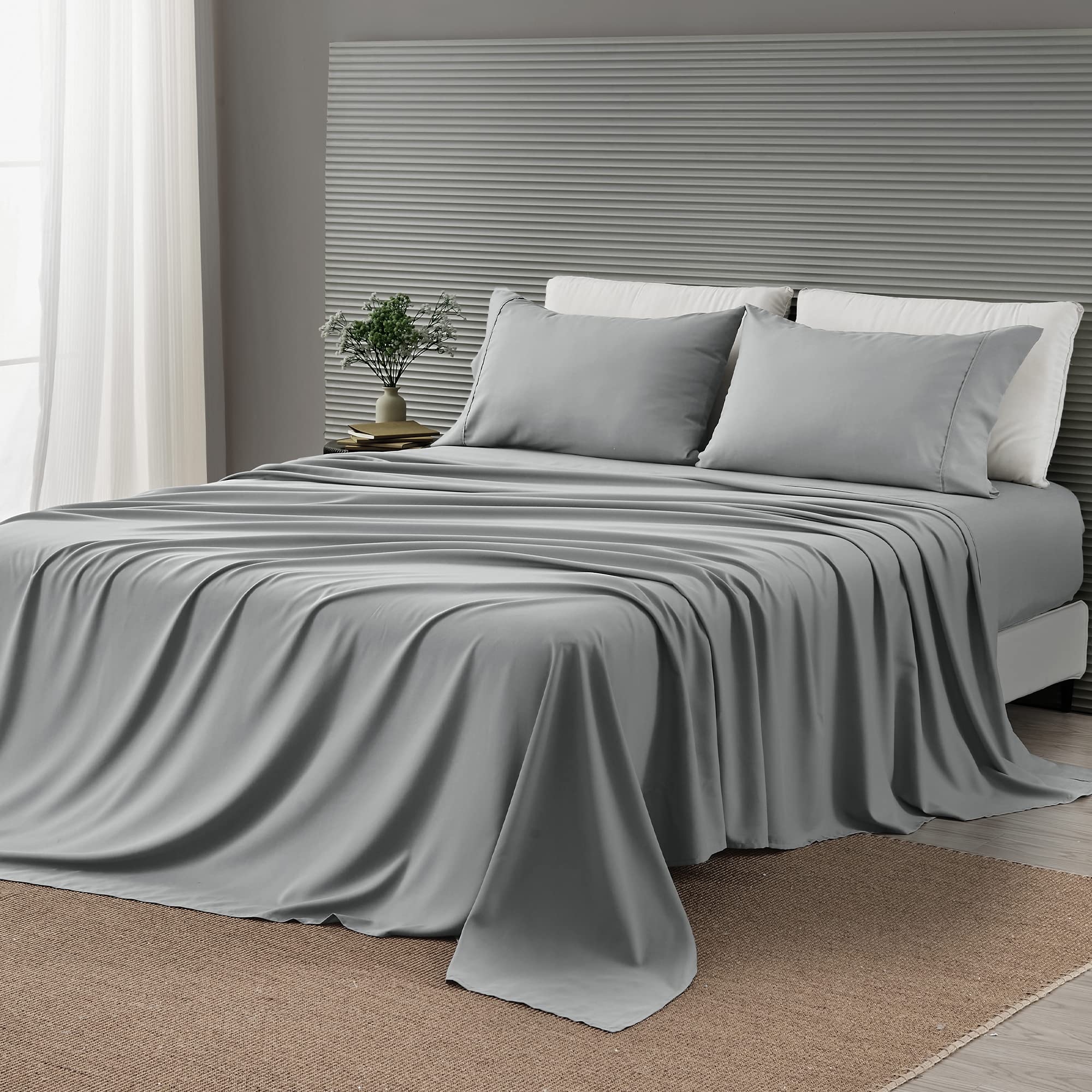 Great Bay Home 4 Piece Luxury Bamboo Sheet Set | Silky Soft Blend of Rayon Derived from Bamboo | Full Cooling Bed Sheets | Wrinkle Resistant, Breathable, Cool Sheets for Hot Sleepers (Full, Slate)