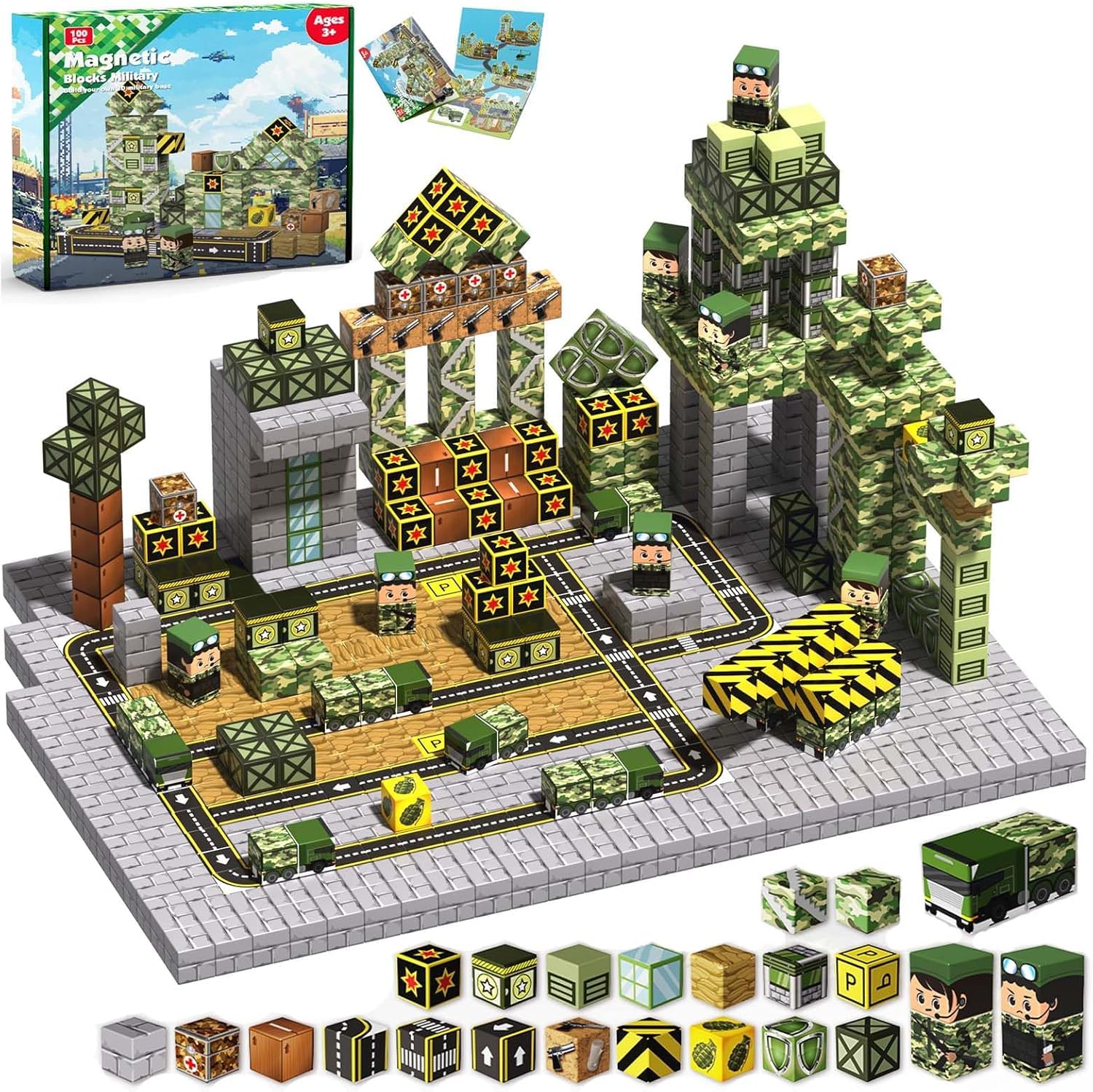 Goody King Magnetic Blocks-100PCS Military Building Blocks Set, Kids Classroom Sensory Toy for Toddlers STEM Learning, Construction Stacking Toy for Boys and Girls Birthday Gifts