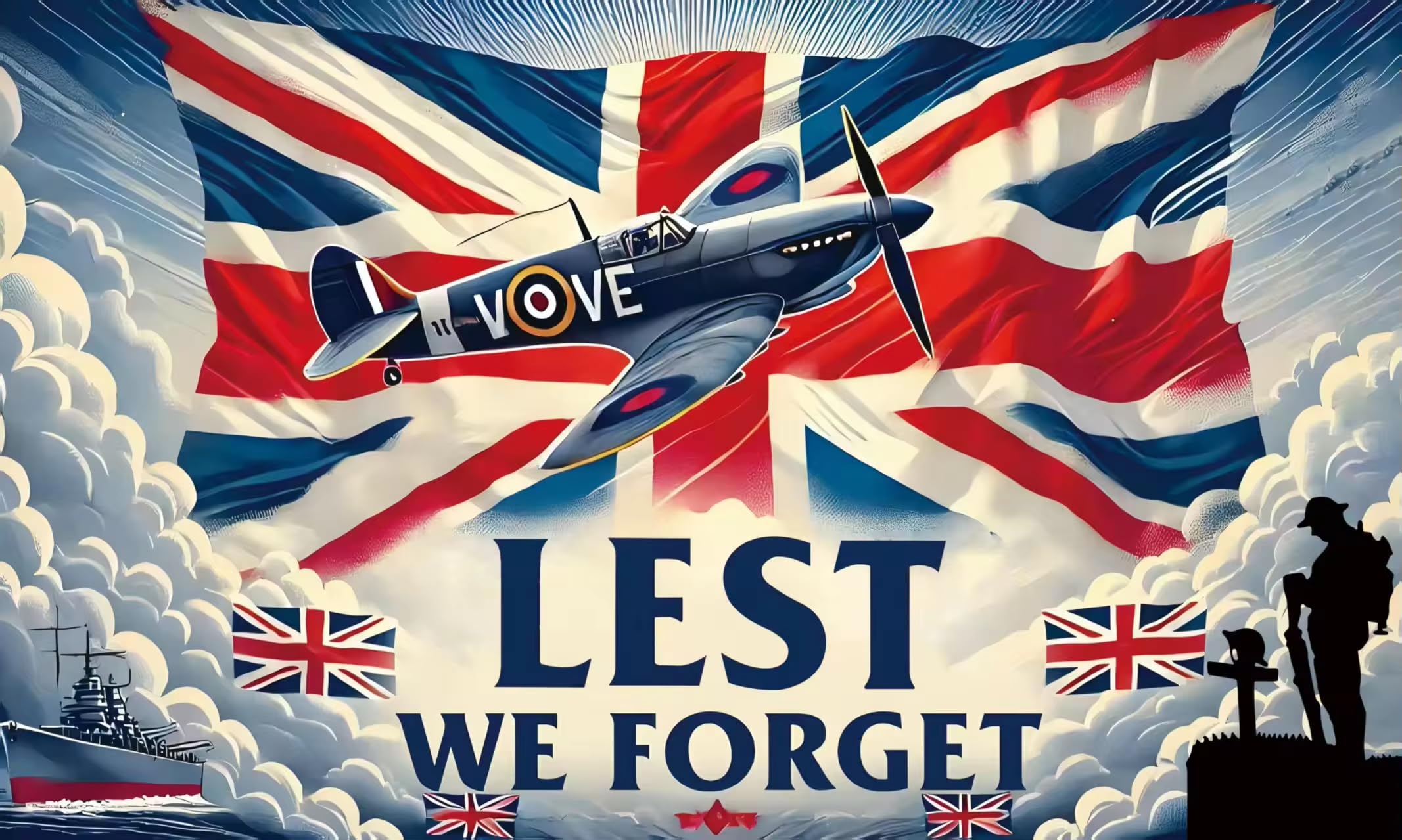 WW2 Spitfire Flag Banner – VE & VJ Day Patriotic Decorations – Spitfire Design, Lest We Forget, WWII Remembrance Memorabilia, 80 Years Victory Celebration