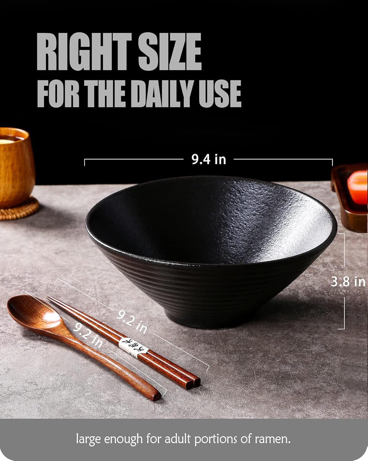 Lareina Ceramic Japanese Ramen Bowls, 2 Sets (6 Piece) 60 Ounce, Large Noodle Soup Bowl with Matching Chopsticks and Spoons for Asian Pho Udon Soba, Matting Black