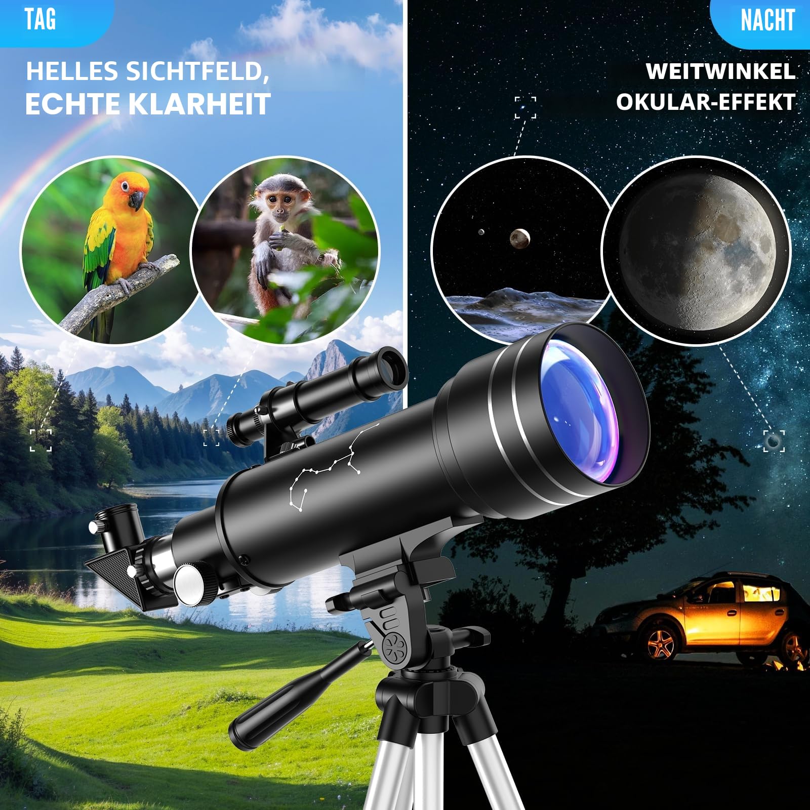 Teleskop, Astronomie Teleskop für Kinder Erwachsene, 70mm Aperture 400mm Linsenteleskop Tragbares Reiseteleskop für Anfänger mit Stativ Telefon Adapter Rucksack Bluetooth Kamera-Fernbedienung