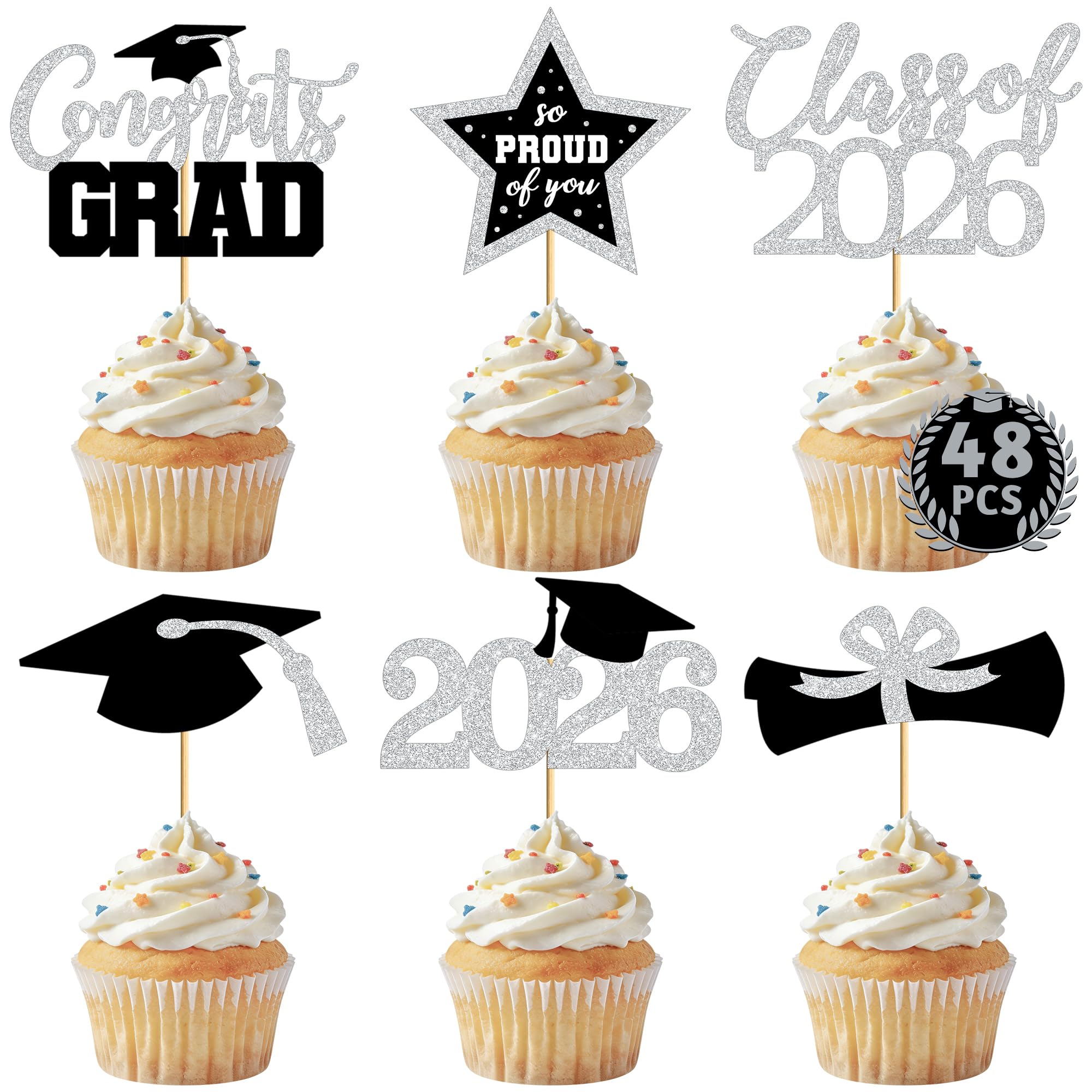 48 PCS Grad Cupcake Toppers, Congrats Graduation Cake Topper, Class of 2026 Black and Silver Graduation Decor, Glittery Cap and Diploma Cake Picks for Grad Party Decorations Supplies
