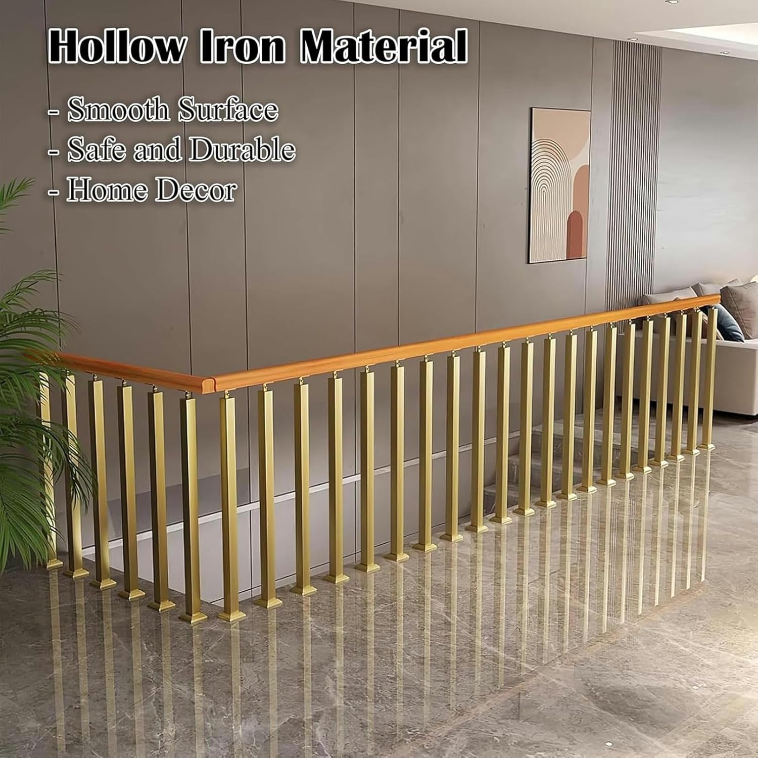 Interior Staircase Baluster Gold, Metal Railing Spindles for Deck Porch Fence Steps, Square Stairs Banister Post Kit with Base Cover & Screws