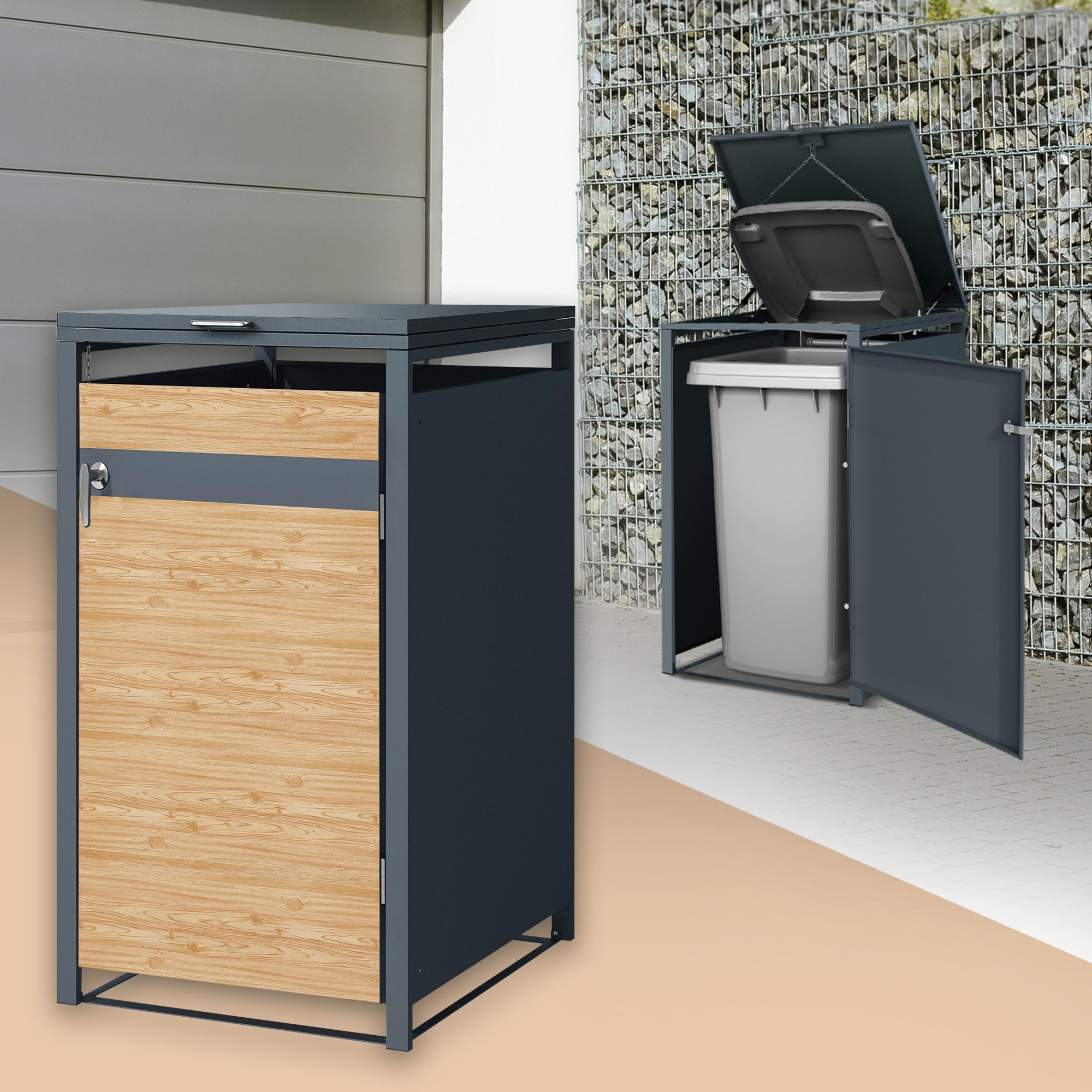 ML-Design Cobertizo de Exterior para 1 Cubo de Basura de 240L 68x80x116,3cm Antracita con Aspecto de Madera de Alerce Mueble Cubre-Contenedor de Acero Resistente con Tapa y Puerta con Cerradura