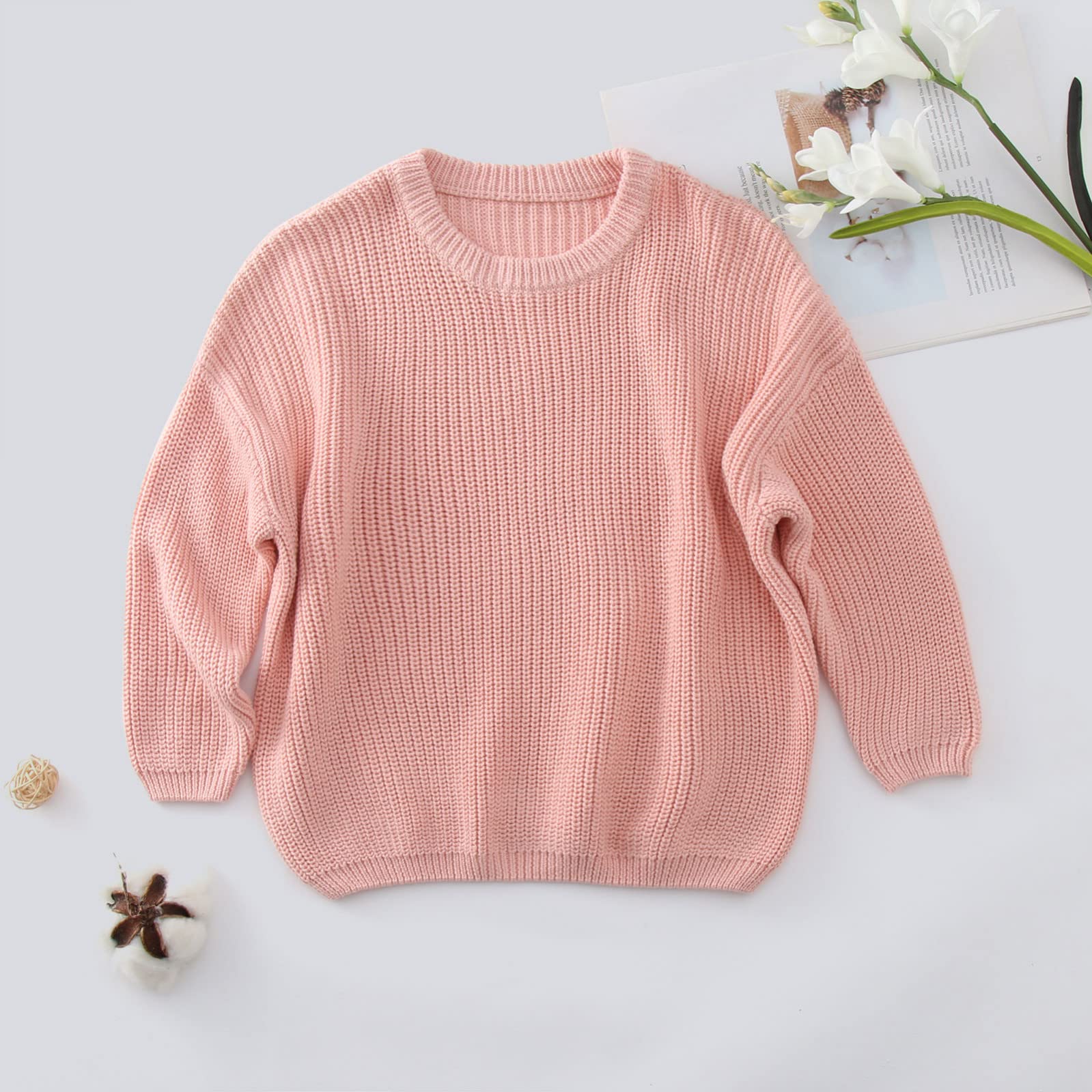 RNTOP Toddler Baby Boy Girl Knit Sweater Solid Long Sleeve Pullover Tops Crewneck Soft Warm Sweatshirt (Pink, 3-4 Years)
