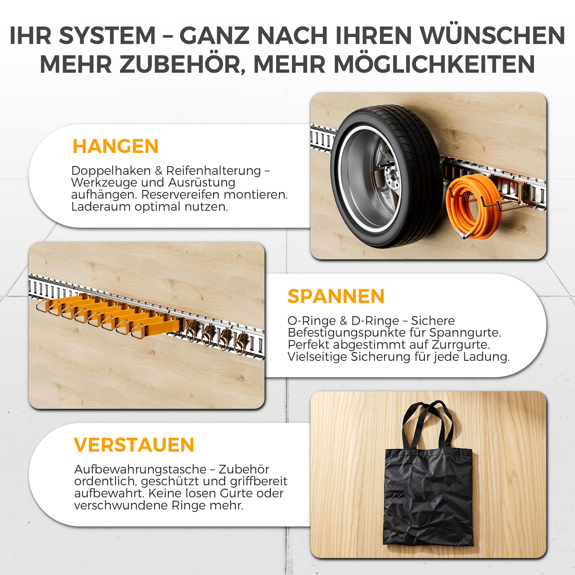 27-teiliges 1,52 m E Track Schiene Zurrschienen Zubehör Set, Tragkraft 998 kg, 8 E-Track Schiene, 8 D-Ring & 8 O-Ring, 2 Doppelhaken, 1 Reifenhalter, Ladungssicherung für LKWs, Anhänger, Wohnmobile | Tragkraft 998 kg, 8 E-Track Schiene, 8 D-Ring & 8 O-Rin
