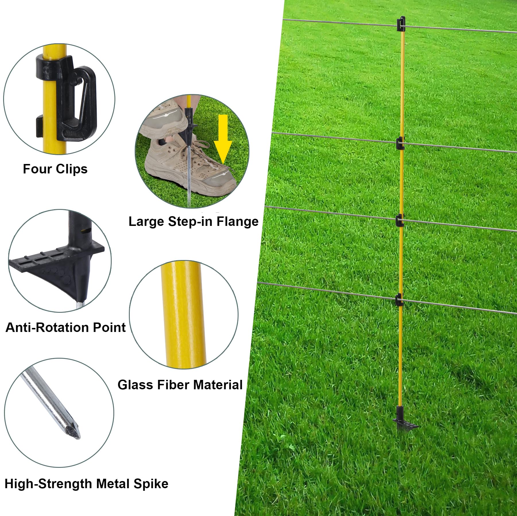 Toriexon 45" Fiberglass Fence Posts 10 PCS, Step in Electric Fence Posts, Step-in Temporary Electric Fence Posts