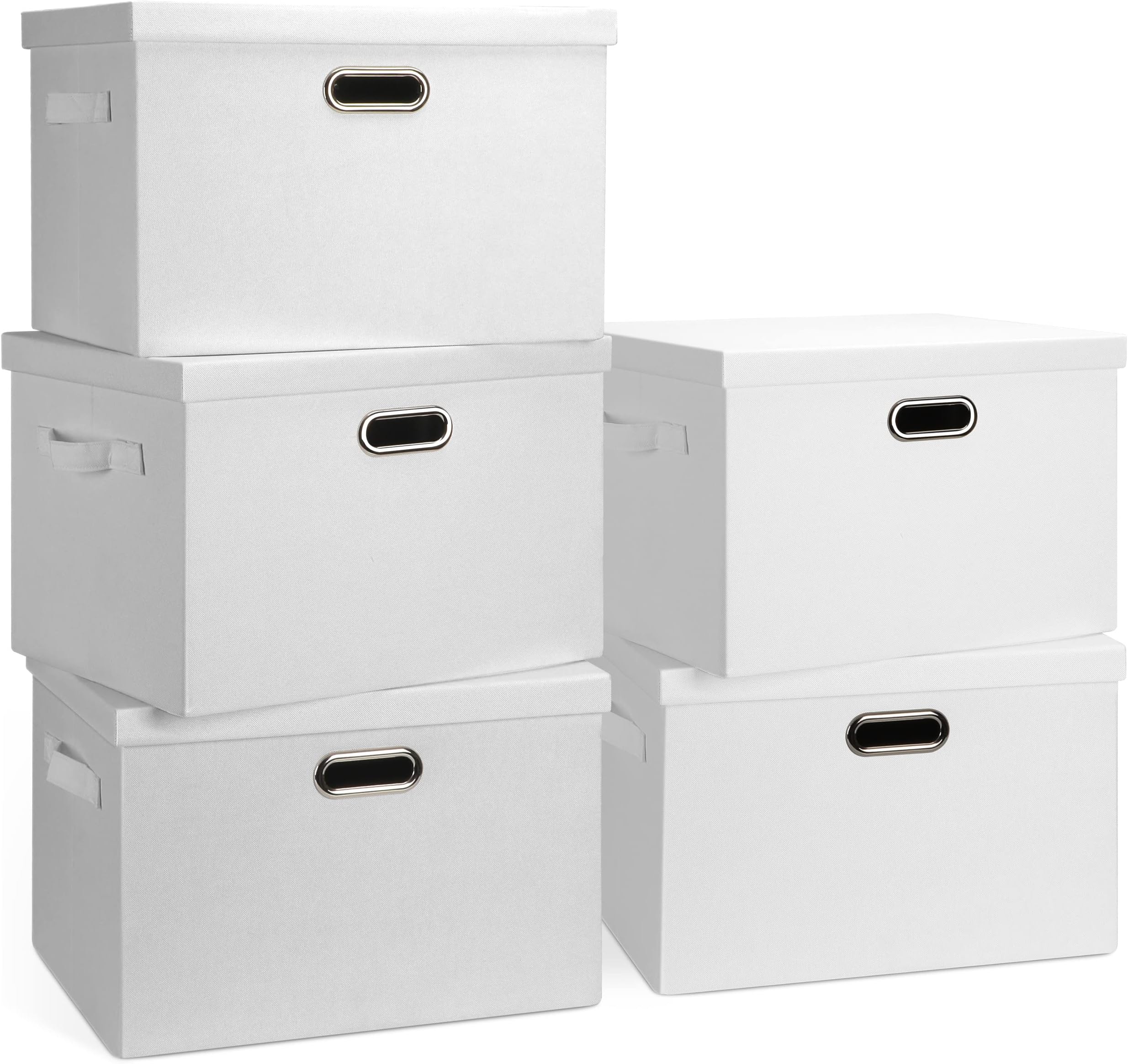 Large 17" 36 Quart Collapsible Stackable Storage Bins with Lids, 5 Packs White Linen Fabric Closet Boxes with Lids, Storage Cube Baskets Container Organizers for Bedroom Office(17 x12 x11)