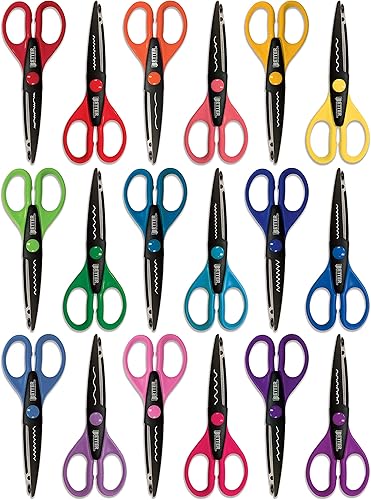 Better Office Products 18 tijeras decorativas para manualidades, 18 colores y diseños de bordes, 6 pulgadas de largo, cuchillas de 2.5 pulgadas, 18