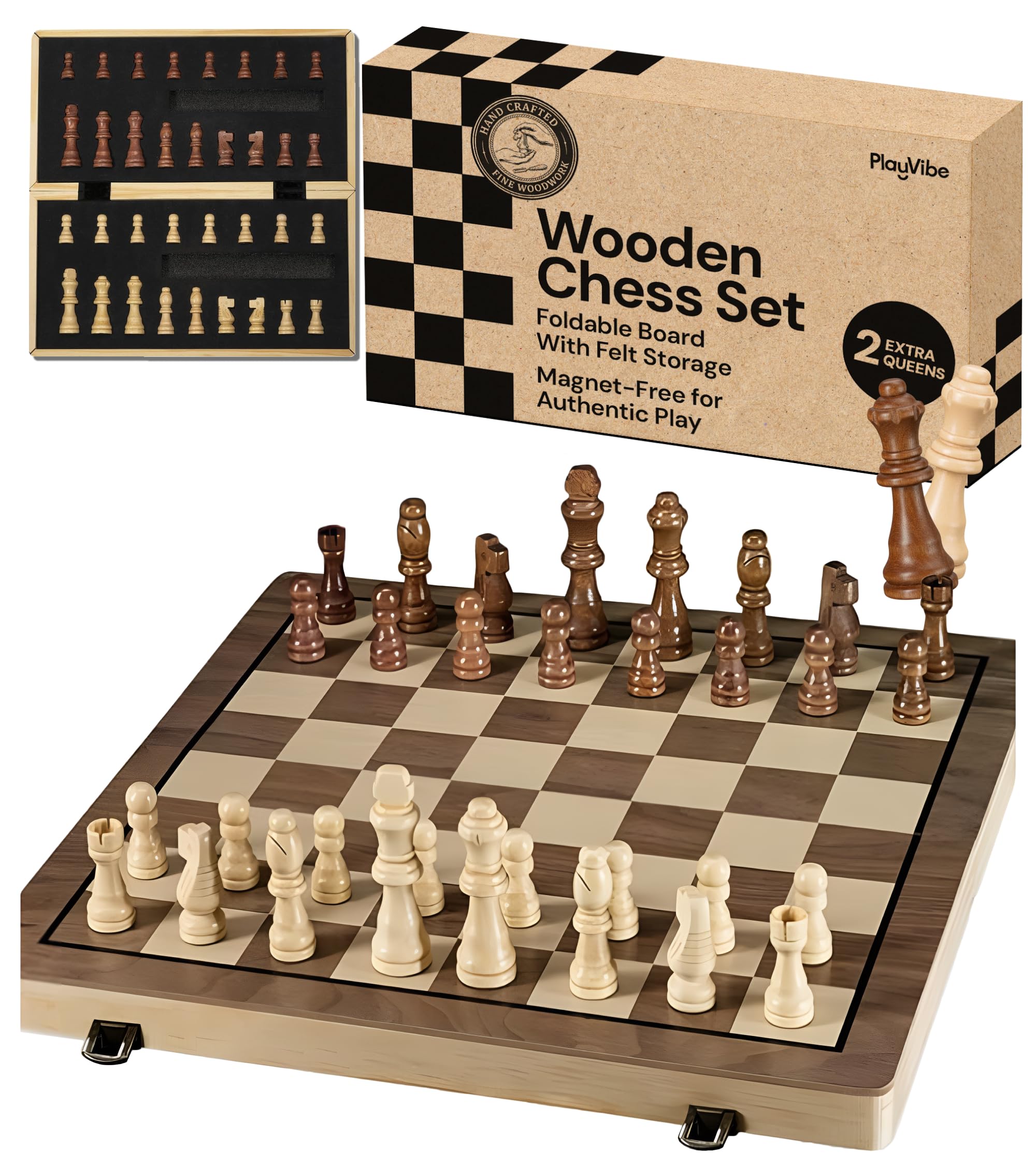 PlayVibe Wooden Chess Set 15'' Board Games for All Players with 2 Extra Queens - Handmade Classic Wooden Chess Board Set, Portable & Folding Playtime Boards, Indoor Cozy Fun Gift for Adults & Kids