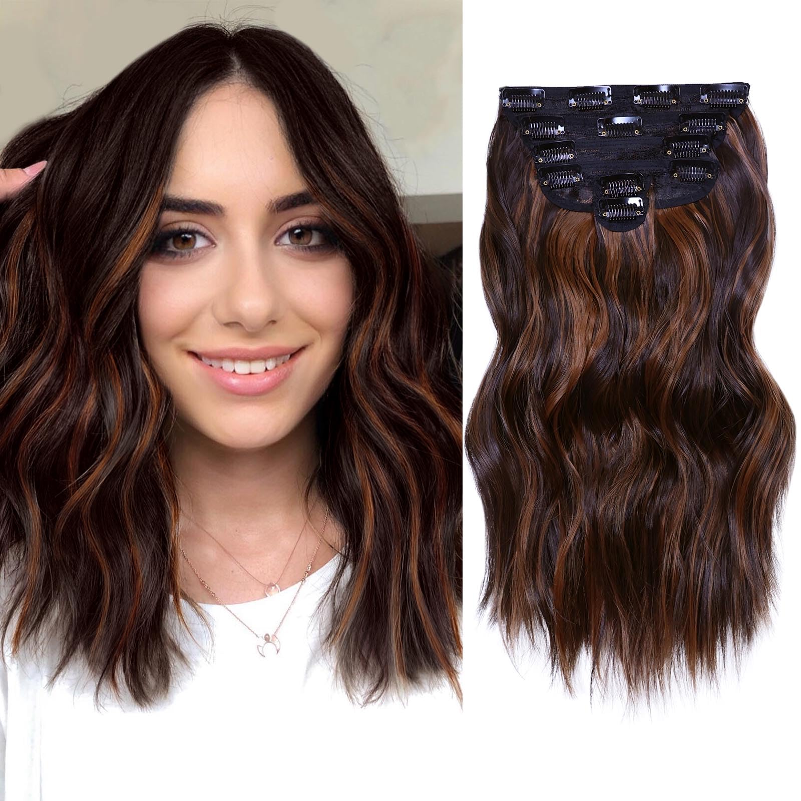 NAYOO Clip in Hair Extensions for Women 14 Inch Short Wavy Curly Auburn Mix Chestnut Hairpieces Full Head Synthetic Hair Hairpieces(6PCS,Auburn Mix