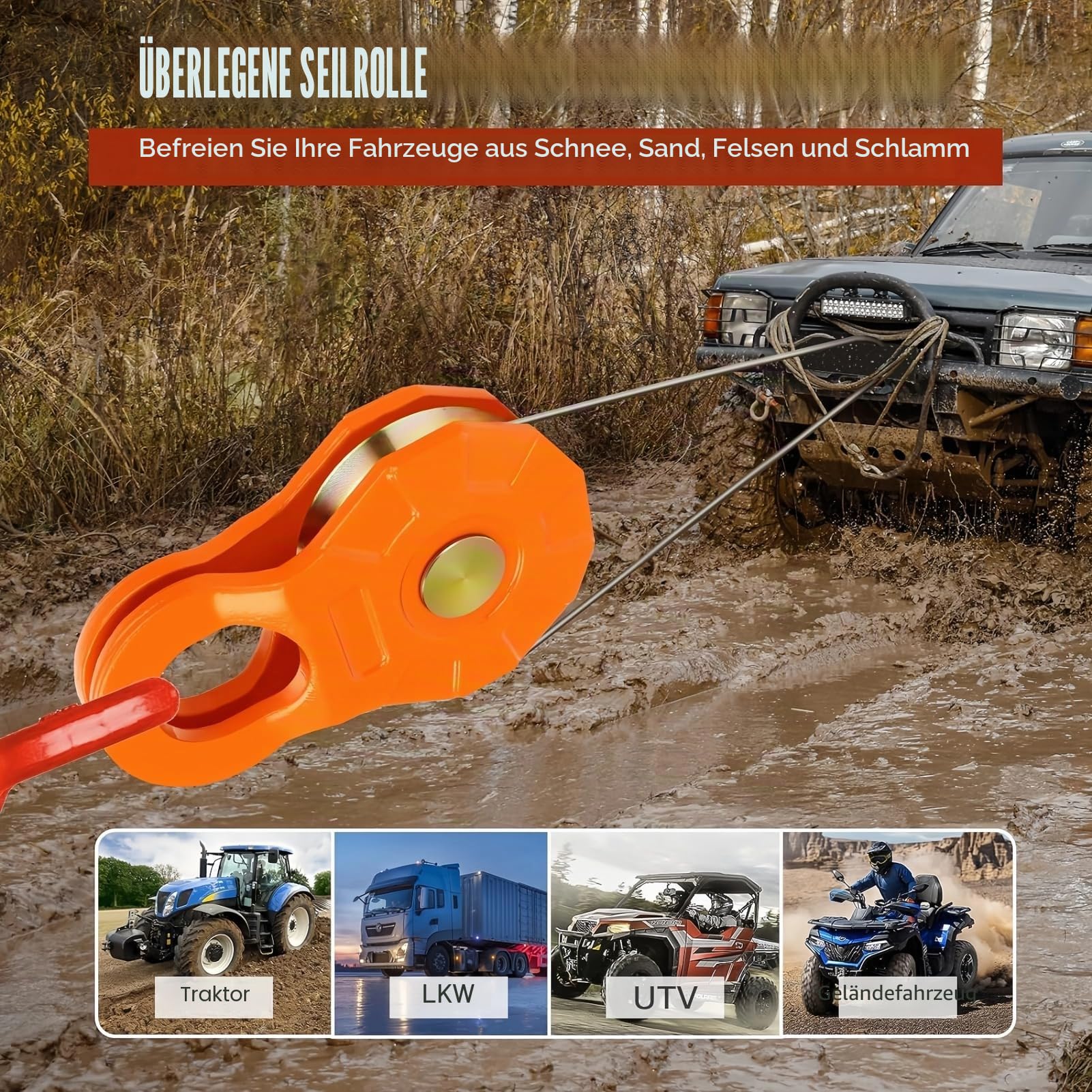 Umlenkrolle Snatch-Block für ATV und Utv Winch, 25,000 Lbs (12.5t) Mbs, Rettung von Fahrzeugen Hochleistungs-Windenrolle, Schnappblock Riemenscheibe für Synthetisches Seil oder Stahlkabel