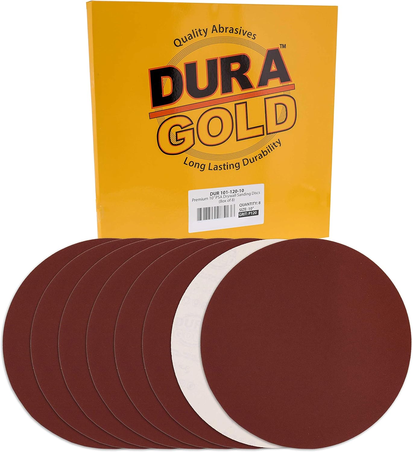 Dura-Gold Premium 10" Sanding Discs - 120 Grit (Box of 8) - Sandpaper Discs with PSA Self Adhesive Stickyback, Fast Cutting Aluminum Oxide Abrasive - Drywall, Floor, Woodworking, Automotive, Sander - - 