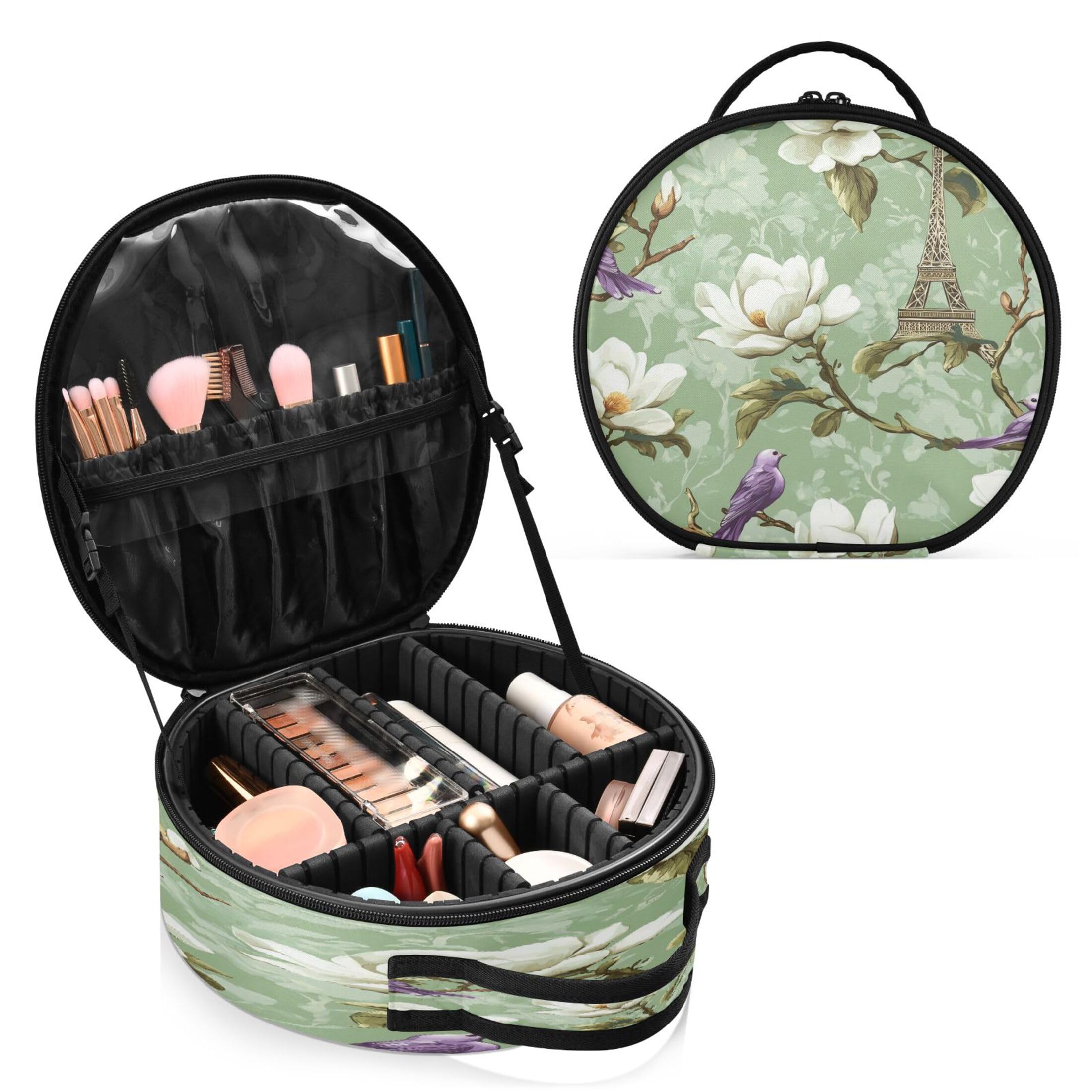 Takiito Eiffel Tower Flowers Travel Makeup Case Portable Makeup Box Artist Cosmetic Case Organizer With Adjustable Dividers