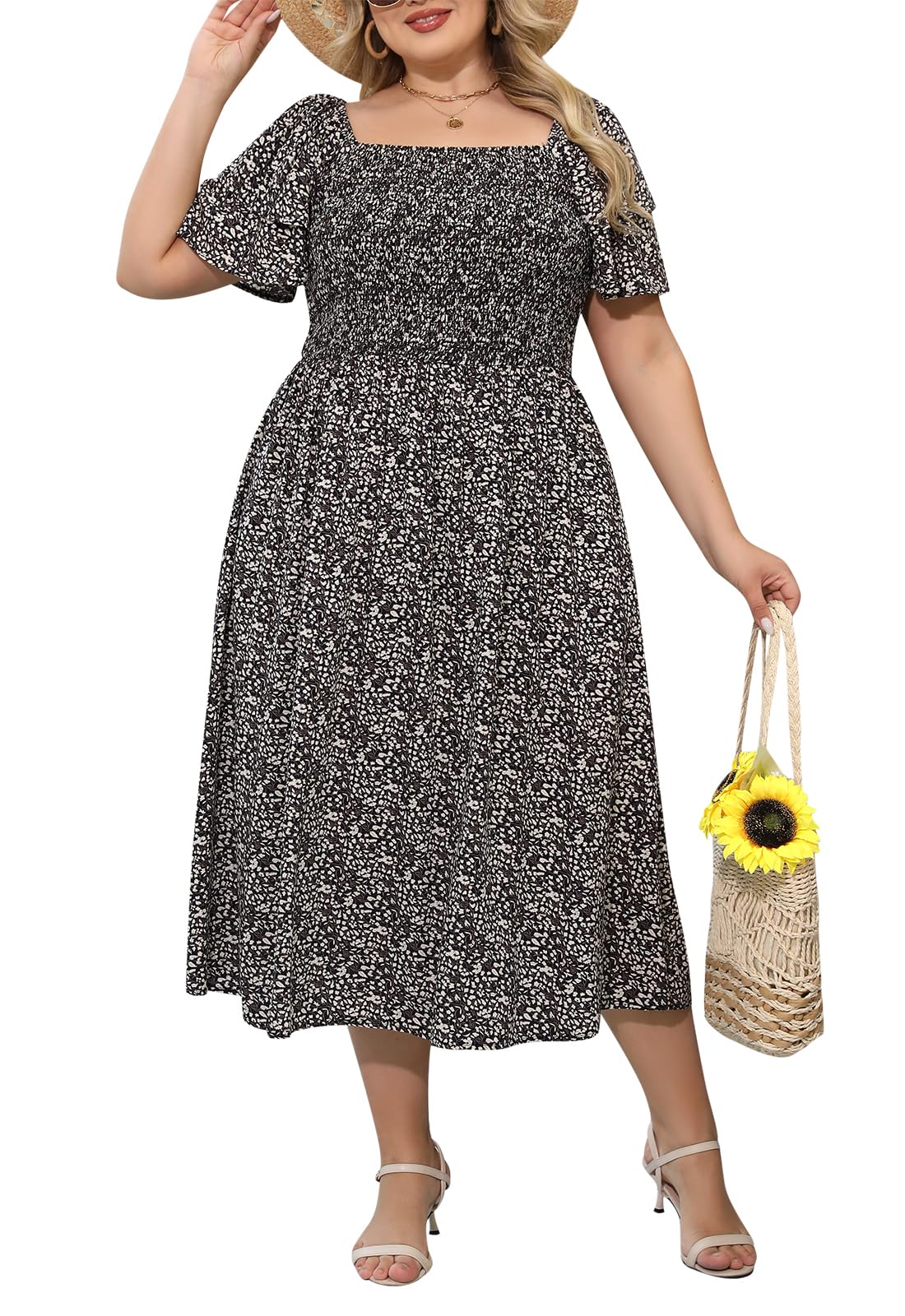 Nemidor Plus Size Summer Print Midi Boho Dress for Curvy Women Casual Smocked Floral Long Beach Dresses with Pocket 16-26