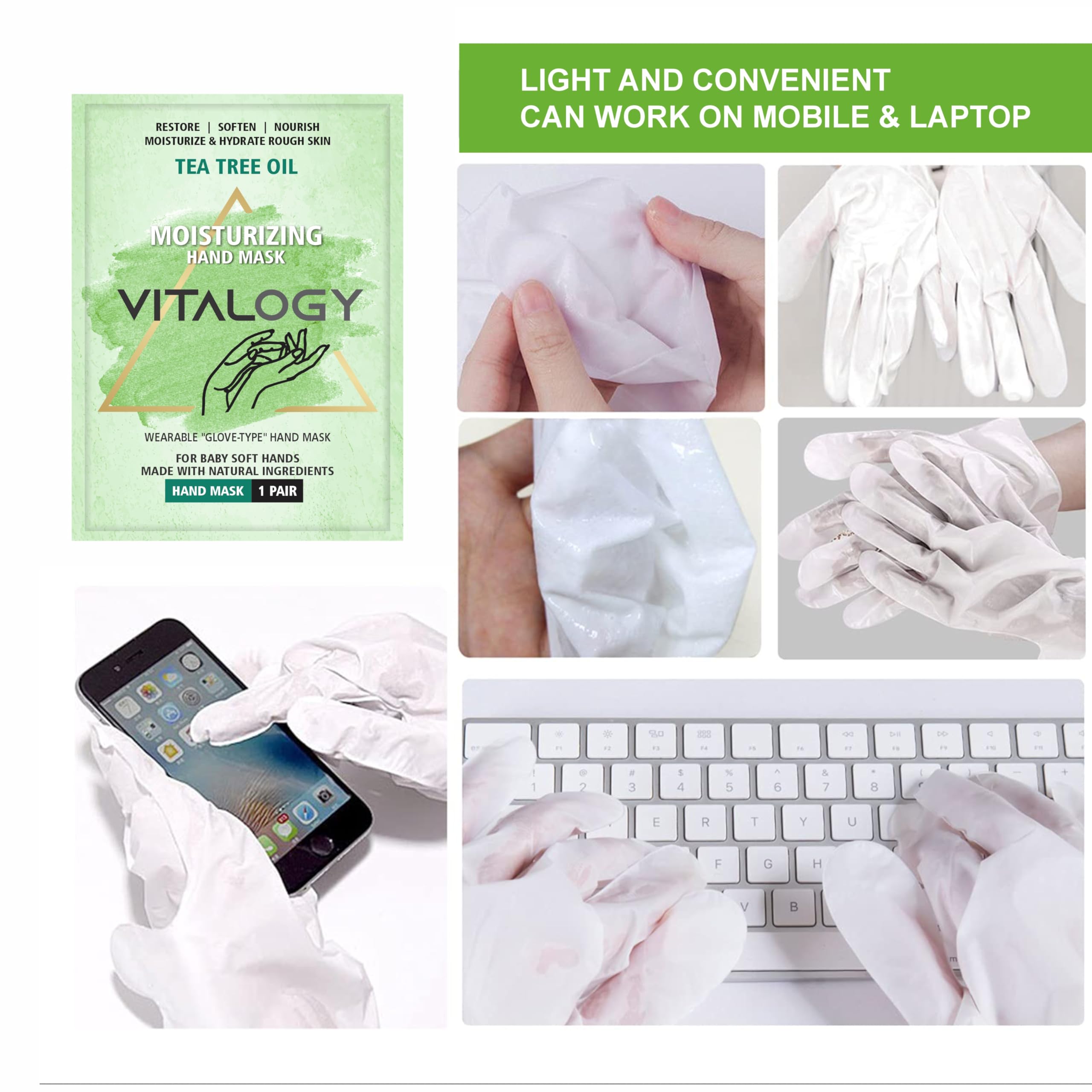 Vitalogy Moisturizing Hand Mask Gloves – 1 Pair | Hydrating Hand Gloves for Dry, Cracked Hands | Intense Repair for Rough Skin | Shea Butter & Hyaluronic Acid | Spa Treatment for Soft, Smooth Hands (1 Pair, Tea Tree) 2