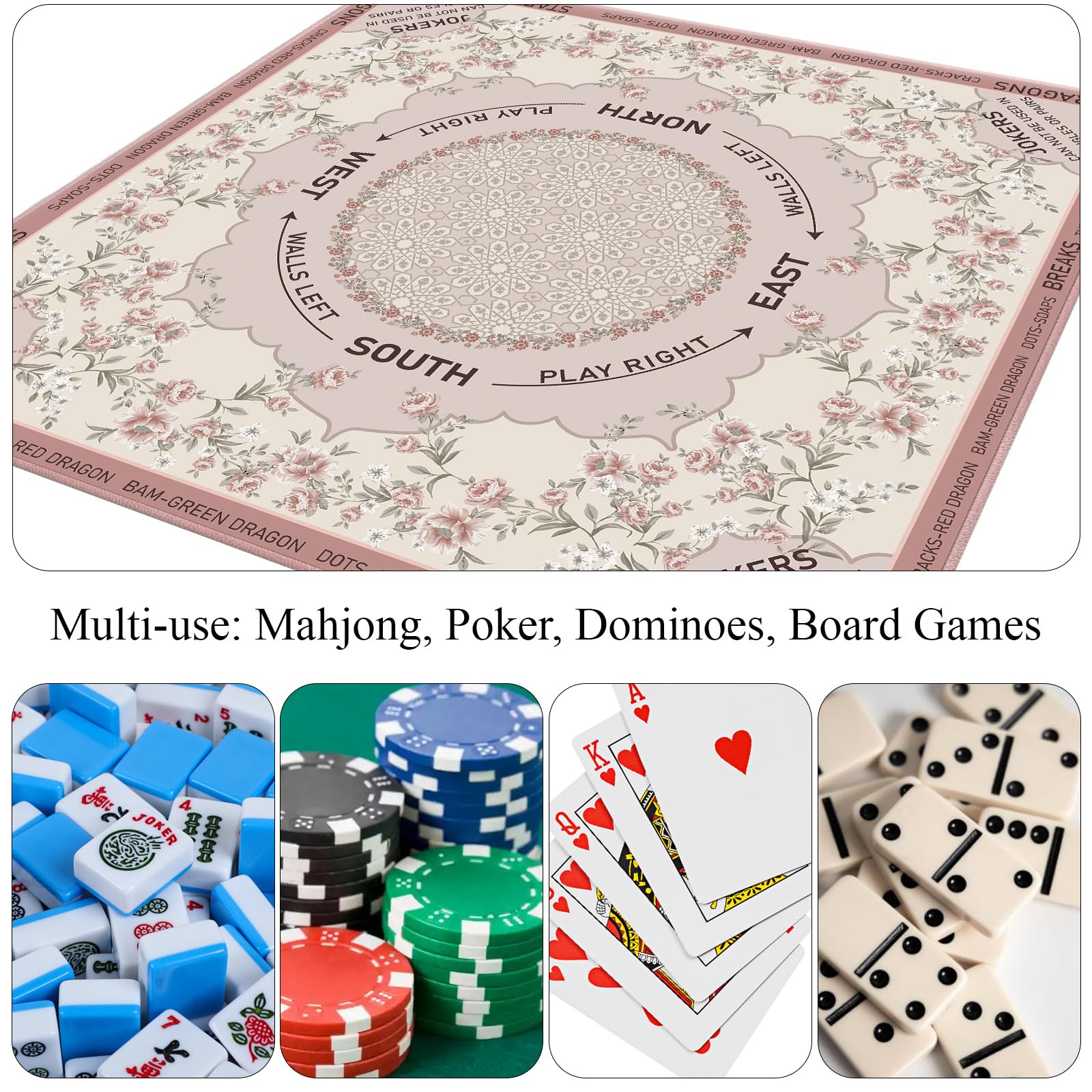 Tapis de Mahjong avec règles 82,5 x 82,1 cm, tapis de jeu antidérapant avec réduction du bruit avec sac de transport, surface douce pour cartes de poker Mahjong, jeux de société, jeux de
