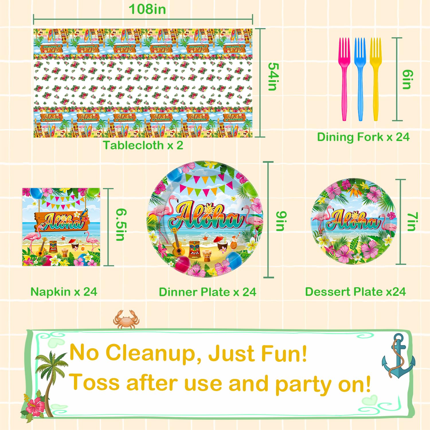 98 Pcs Hawaiian Tableware, Luau Party Decorations Include Aloha Tablecloth, Plastic Fork luau Plates and Napkins, Tiki Party Supplies, luau Dinnerware for Hawaiian, Luau, Beach Party