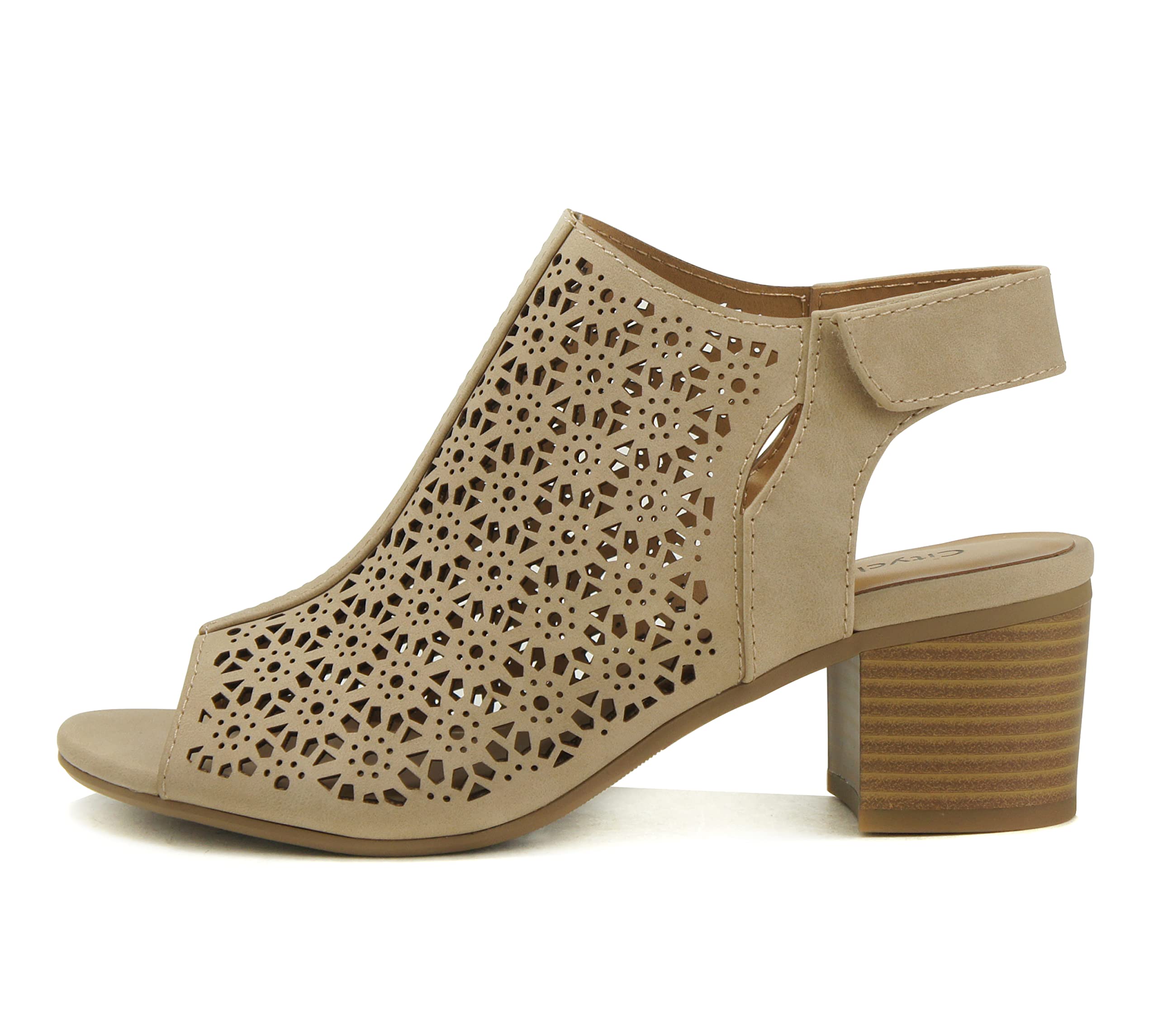 CITYCLASSIFIED “Elect” ~ Women’s Peep Toe Laser Cut Geometric Caged Slingback Ankle Strap Low Stacked Heel Ankle Bootie