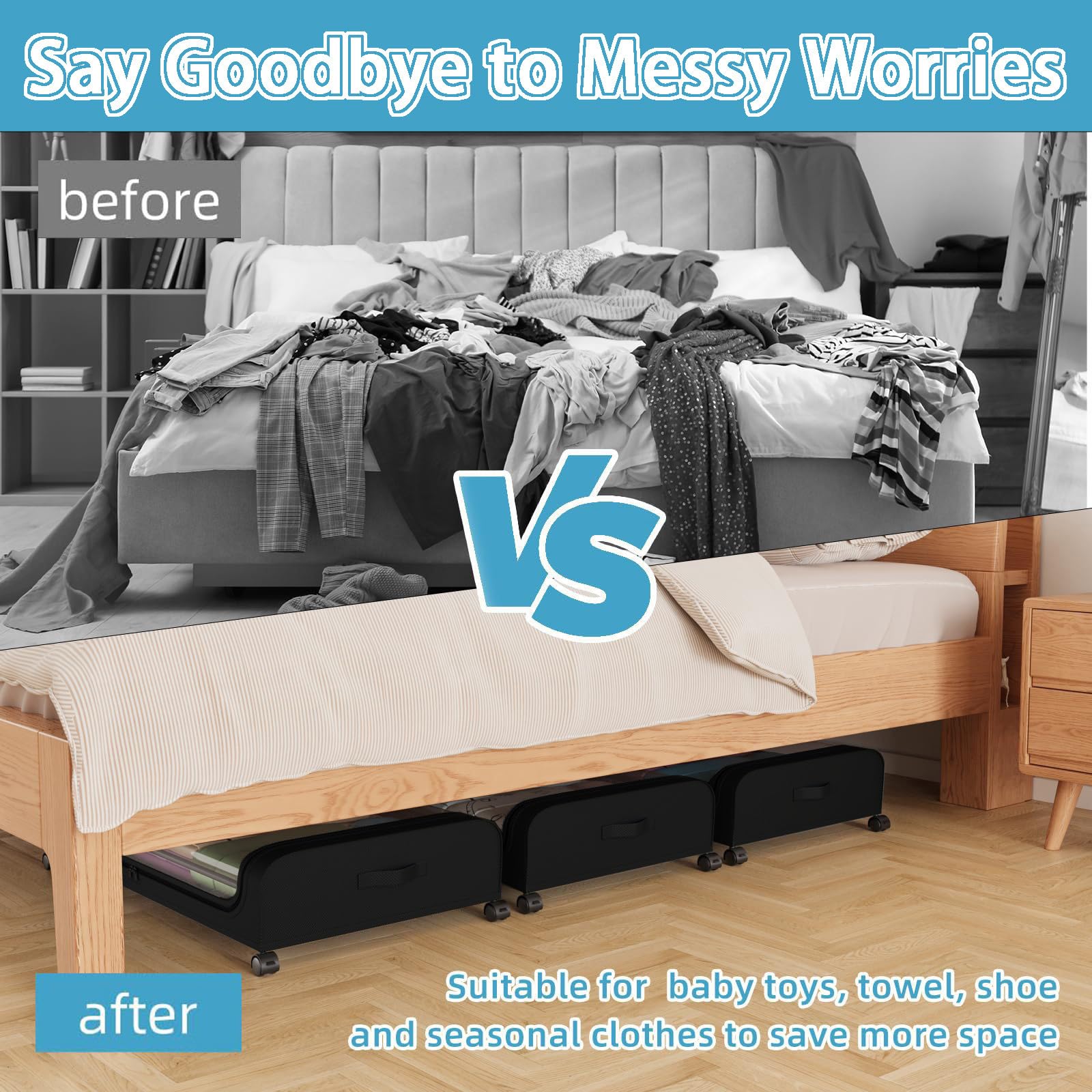 2 contenitori portaoggetti da mettere sotto il letto con coperchi, grandi, con ruote, scarpe, vestiti, coperte, lenzuola, cuscini, per dormitorio (nero-B)
