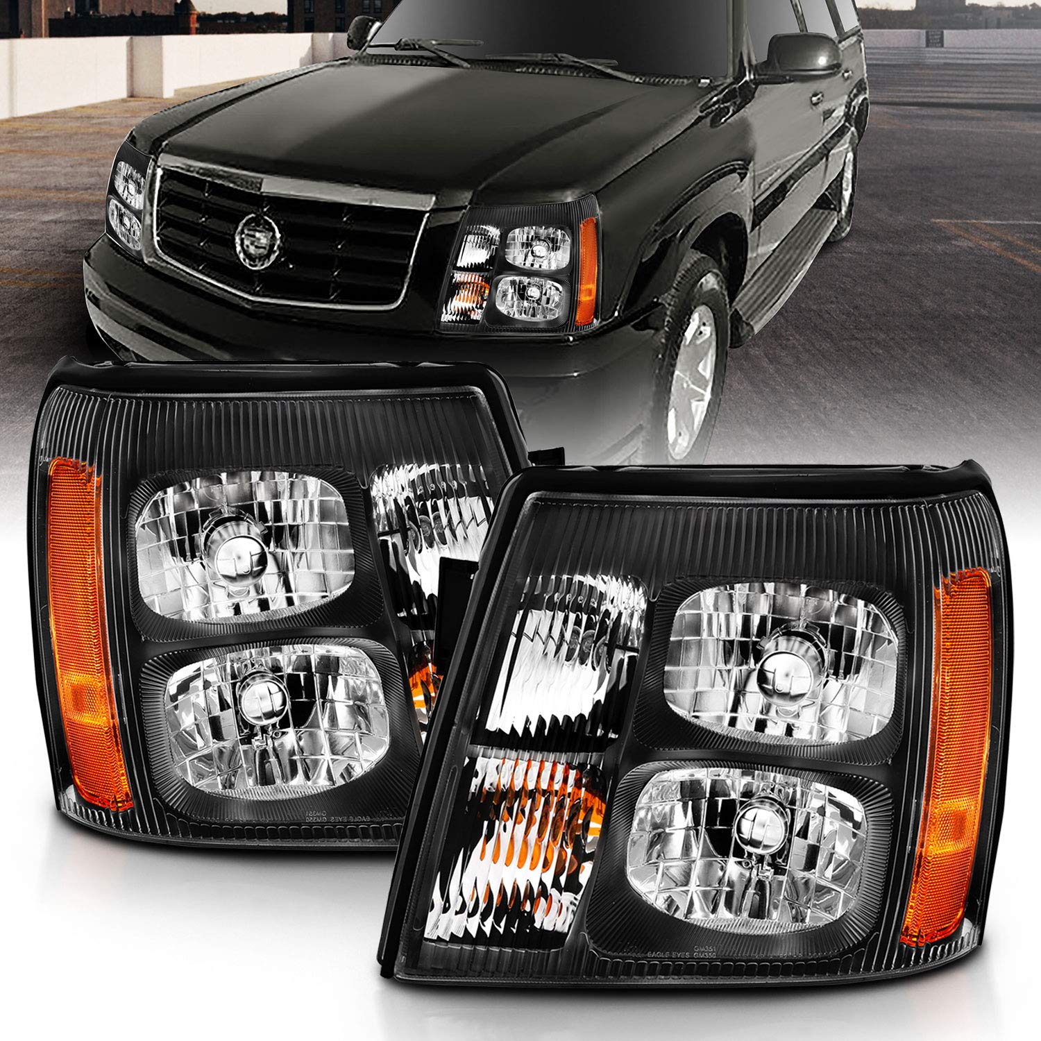 AmeriLite for 2002-2006 Cadillac Escalade HID Type Black Replacement  Headlights Pair w/DRL & Bulb included - Passenger and Driver Side