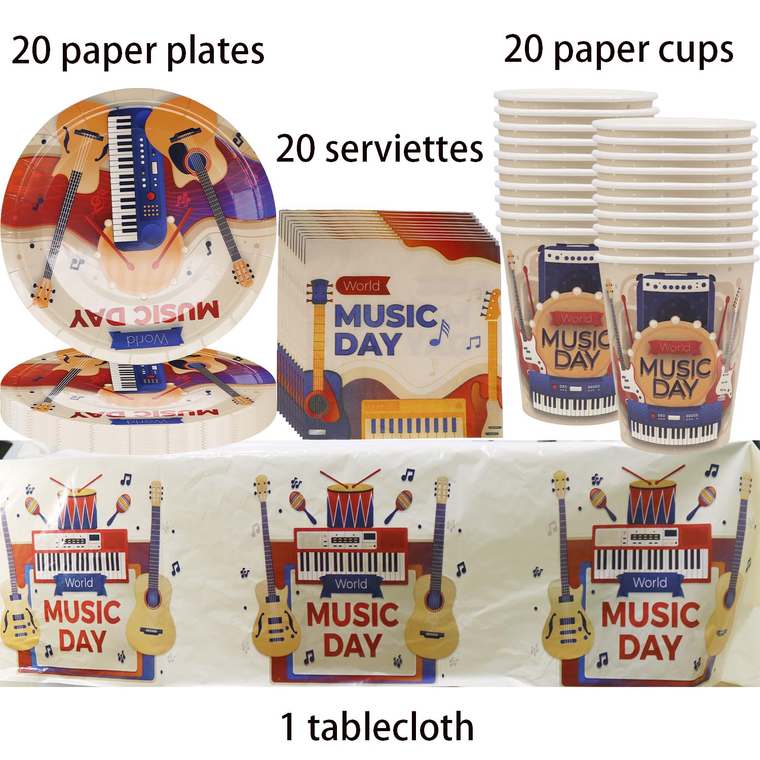 Piano Music Day Theme - Servizio da tavola per feste di compleanno dei bambini, 61 pezzi, compresi piatti di carta, bicchieri, tovaglioli e tovaglie, adatto per 20 persone