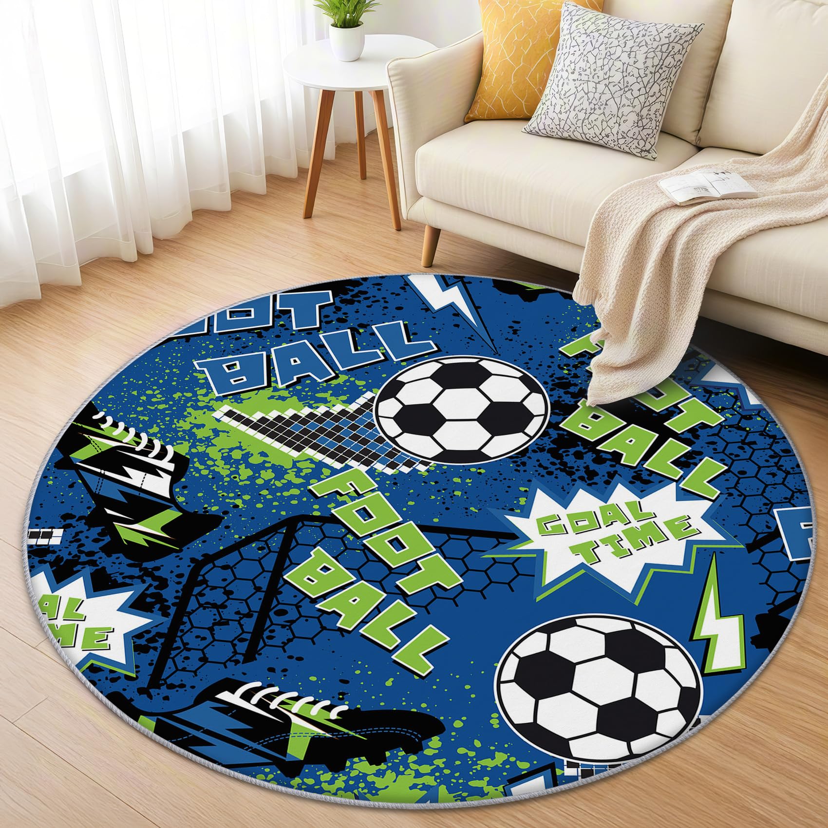 Fußball Teppich Rund 120cm Kurzflor - Waschbare Teppiche Wohnzimmer Jungen Sport - Runder Teppich 120 Durchmesser Kinderzimmer - Bettvorleger Schlafzimmer rutschfest Weich