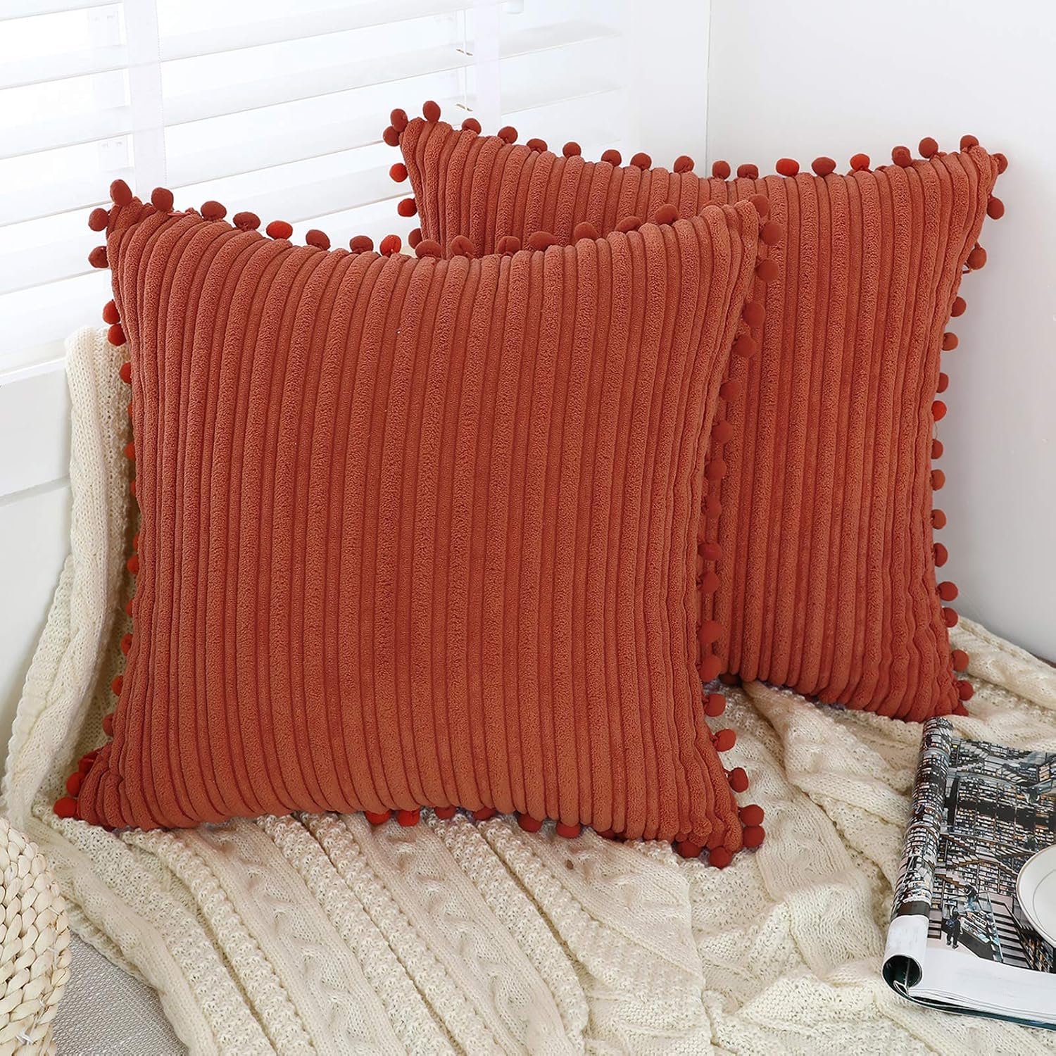 Oirpro Burnt Orange Pillow Covers 18x18 inch with Pompoms