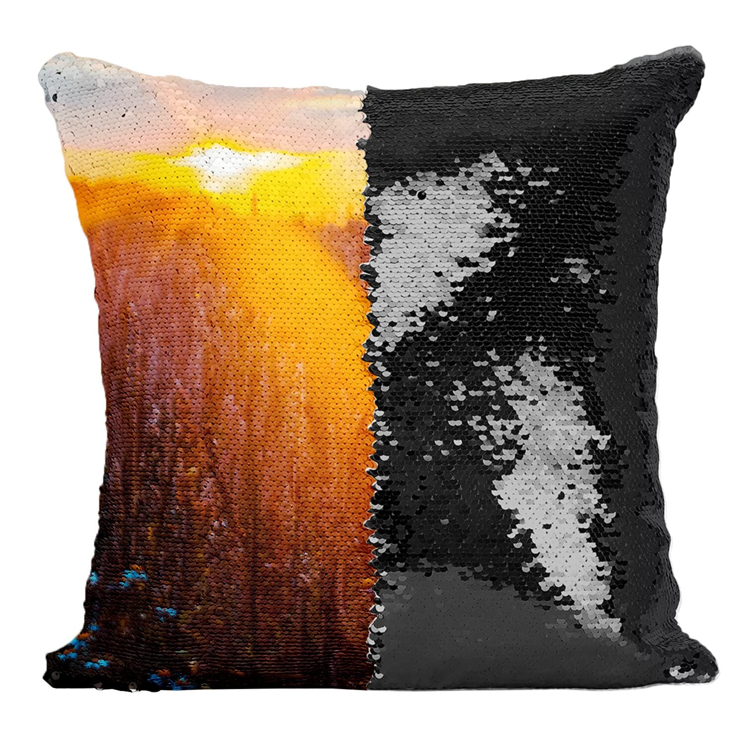 Coussin magique noir paysage agricole au soleil levant pour illuminer le salon