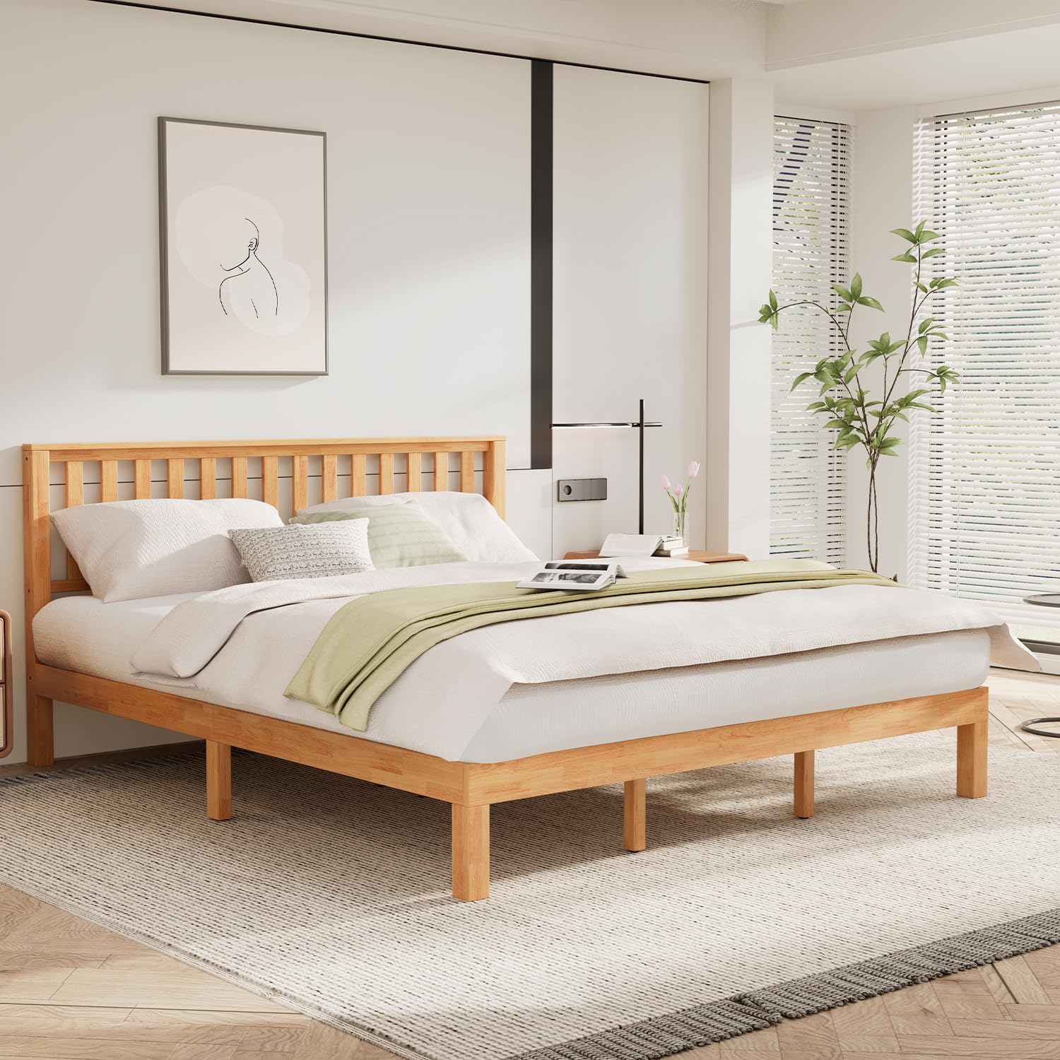 DELAVIN King Size Bed Frame with Farmhouse Headboard, Solid Wood Platform Bed with Storage, Malaysian Oak King Bedframe, Wood Slats Support, No Box Spring Needed, Rustic Pine