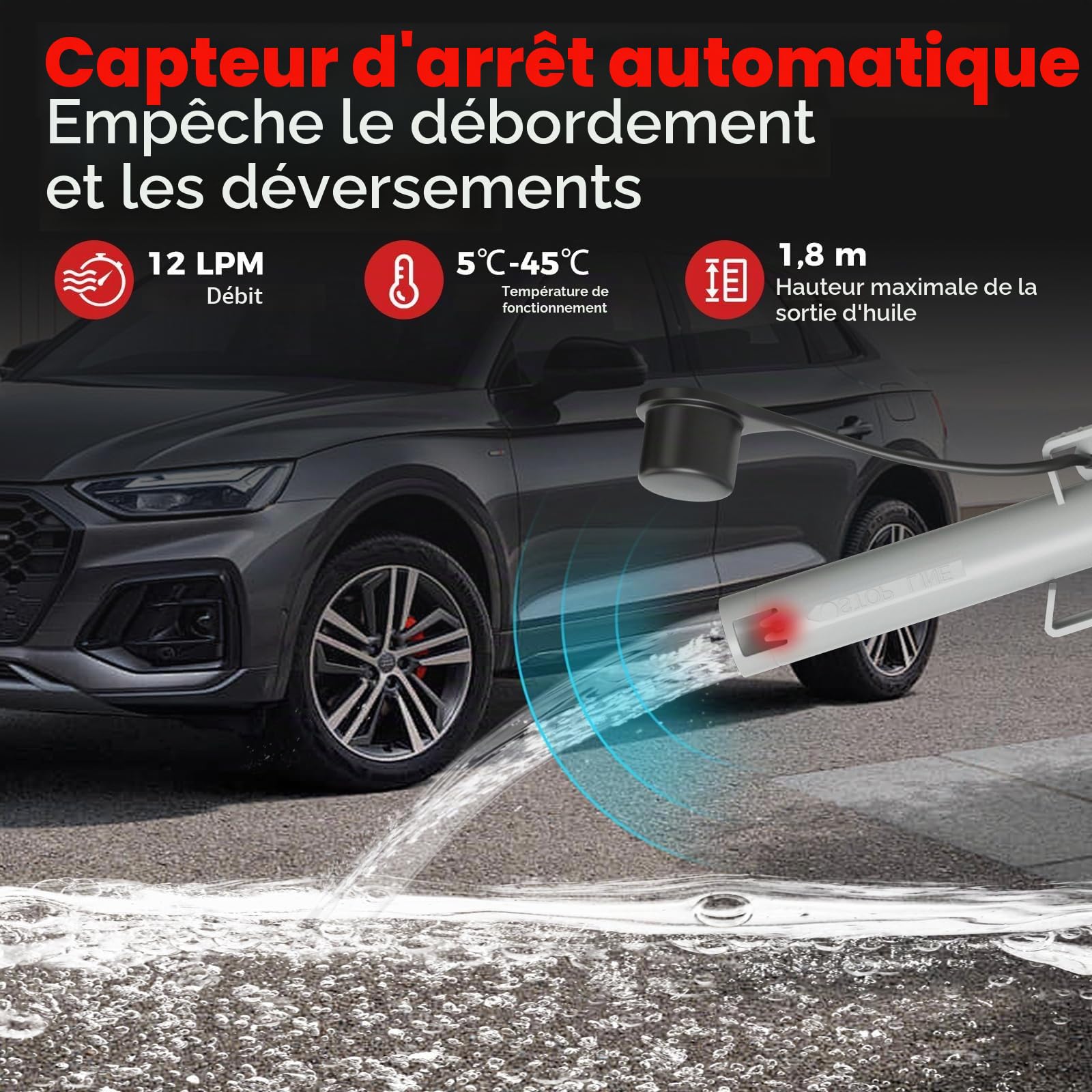 FANTASK Pompe de transfert de carburant électrique 3,2 GPM avec tuyau et 3 adaptateurs Rouge/blanc