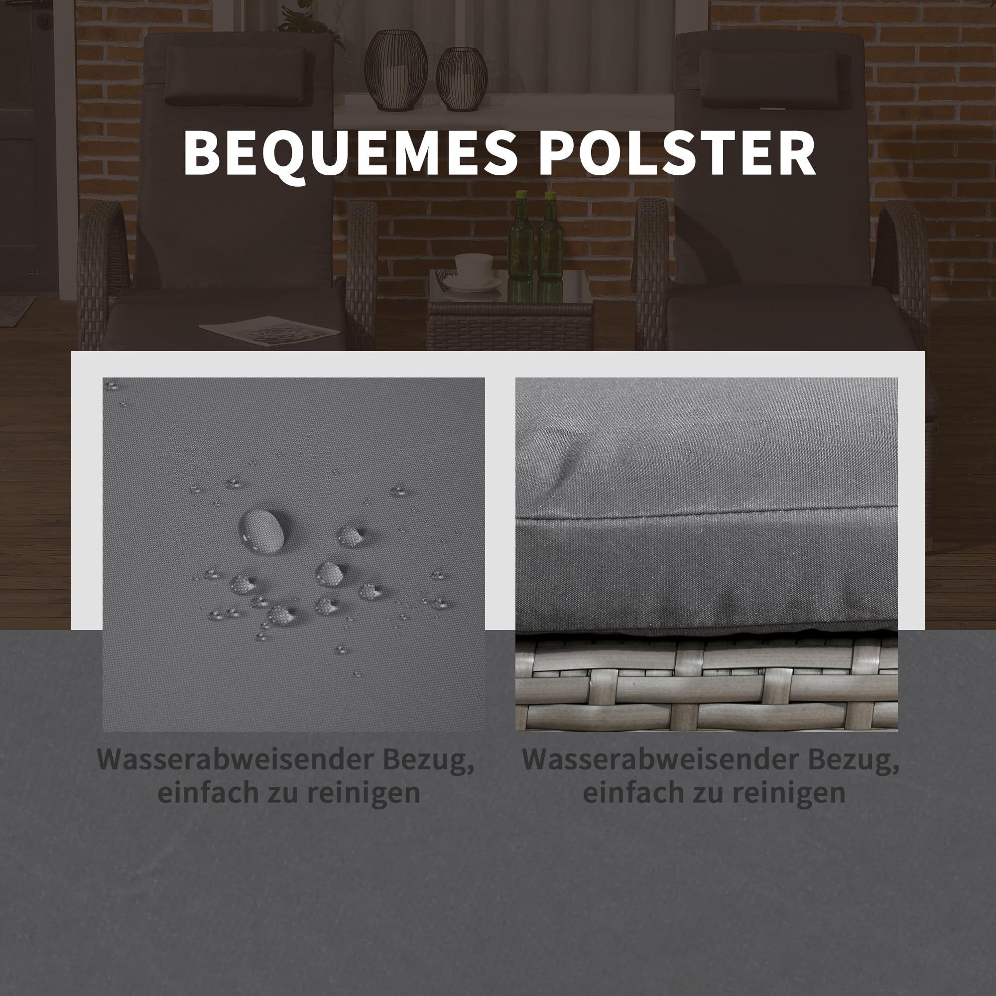 Outsunny Sonnenliege Gartenliege Tisch 3er-Set Gartenmöbel, Polyrattan+Metall Grau+Dunkelgrau