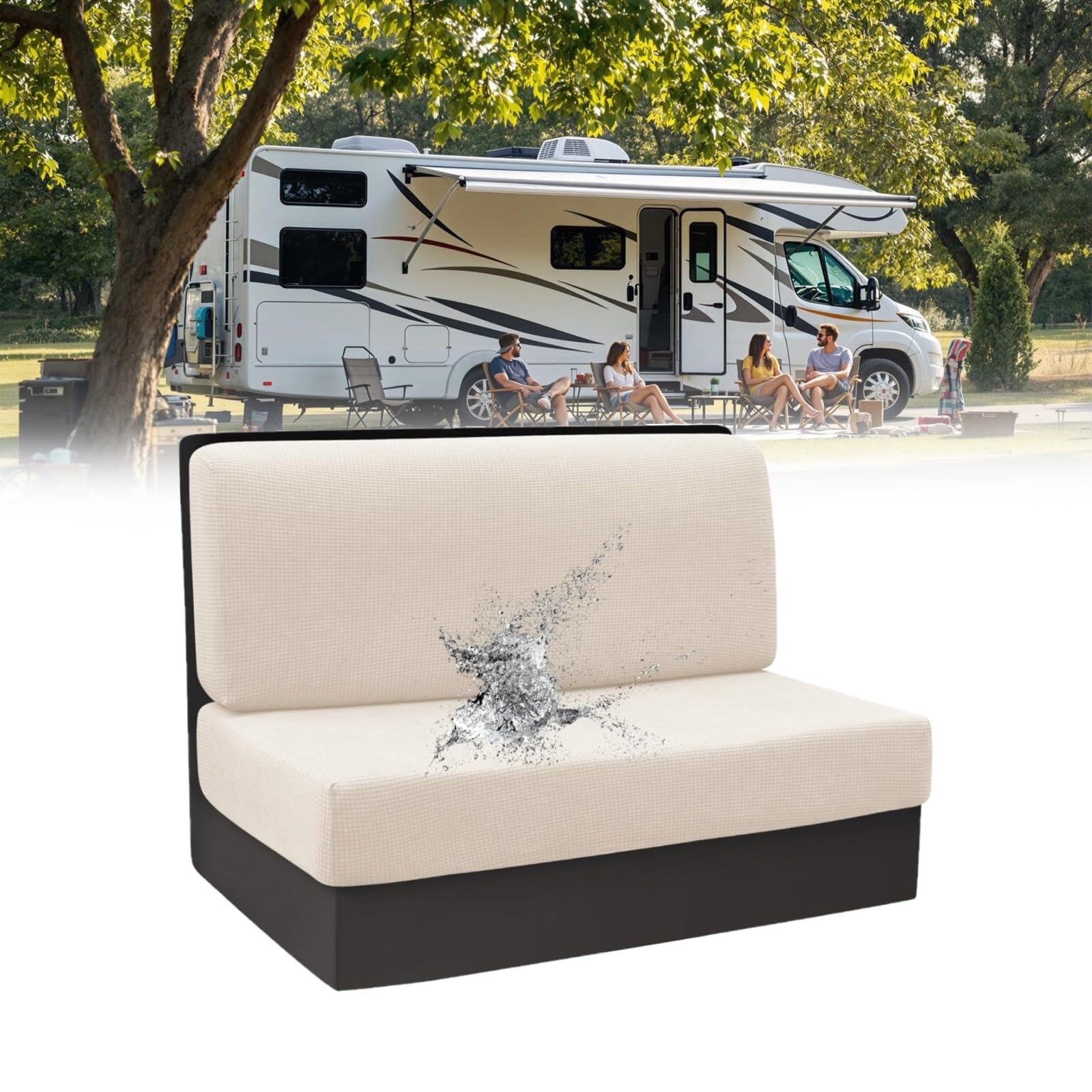 Copricuscini per Camper, 1 set Antispruzzo Griglia Elasticizzati Copri Divano per Roulotte, Lavabile Fodere Cuscini Dinette RV, Copri Sedili per Caravan Coprischienale e Copripanca (Beige)