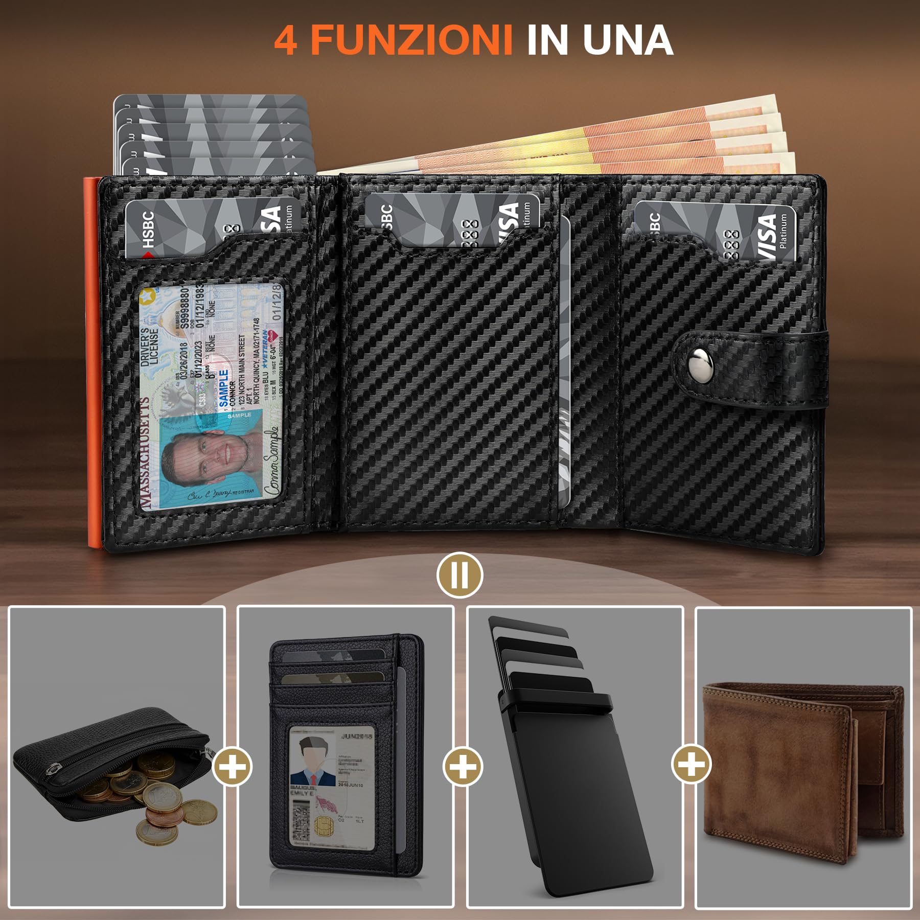 TENBST Portafoglio Uomo & Donna | Porta Carte di Credito 10 carte | Portacarte Uomo con RFID Protezione Anticlonazione | Porta Tessere Uomo con Portamonete e Scomparti Banconote - Regalo