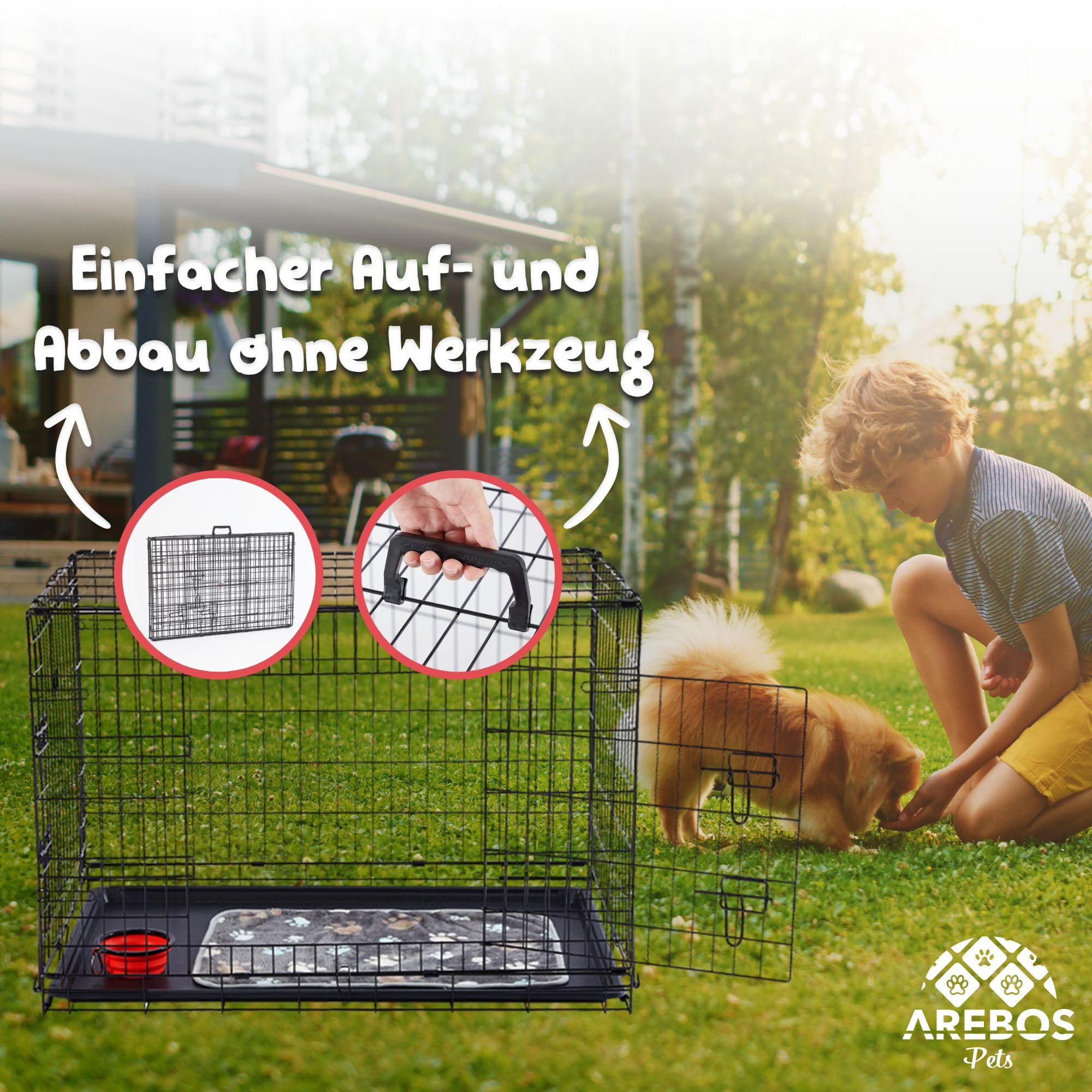 Arebos Hundekäfig 92,5 x 60 x 66 cm | Hundetransportbox Auto klappbar | Hundebox faltbar | Transportbox Hund mit 2 Türen | Hundekäfig für Zuhause | L Schwarz