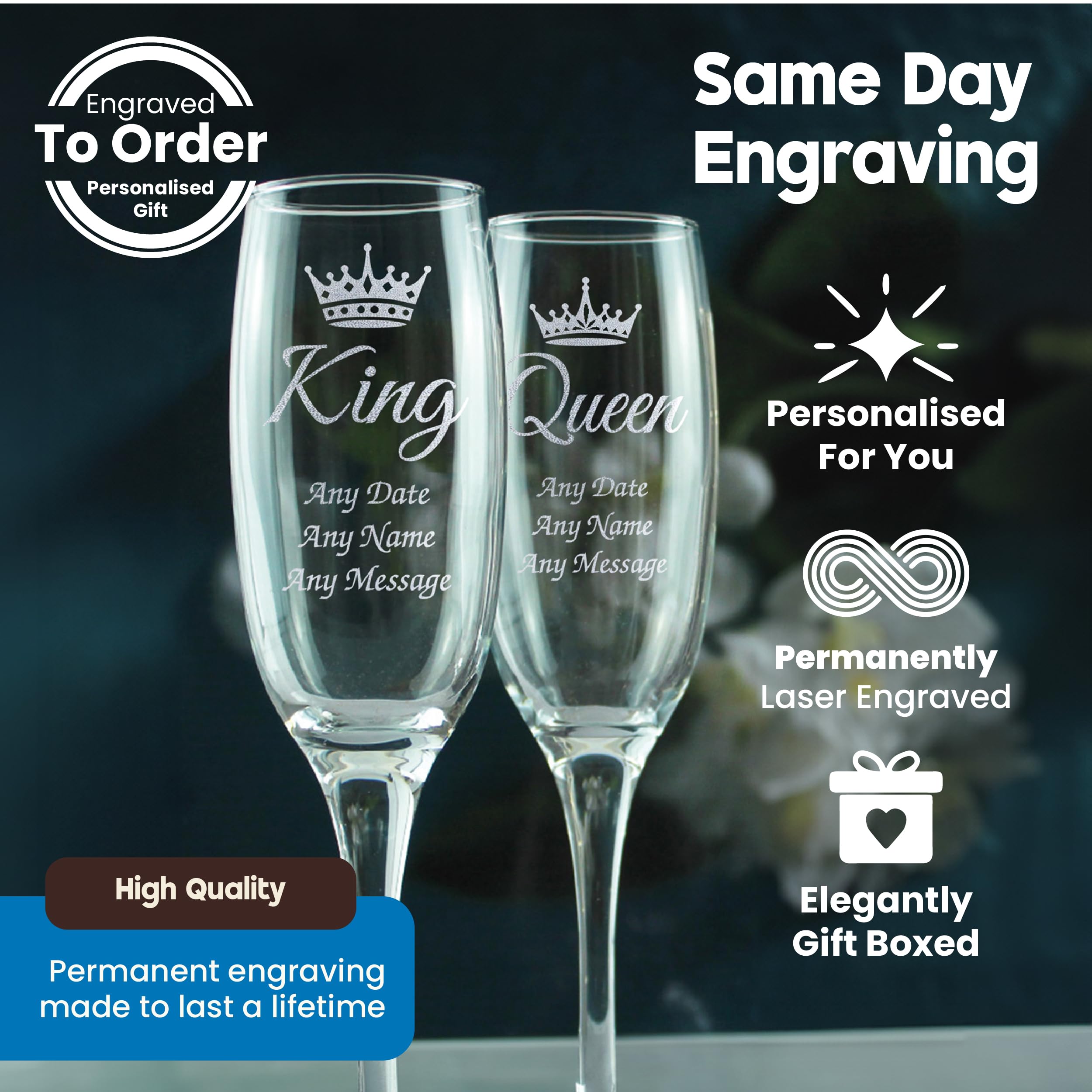 Copas de champán para fiesta de graduación King y Queen, flautas grabadas personalizadas con diseño de corona, regalo de recuerdo de premio de noche de graduación, 210 ml, caja de regalo, juego de dos