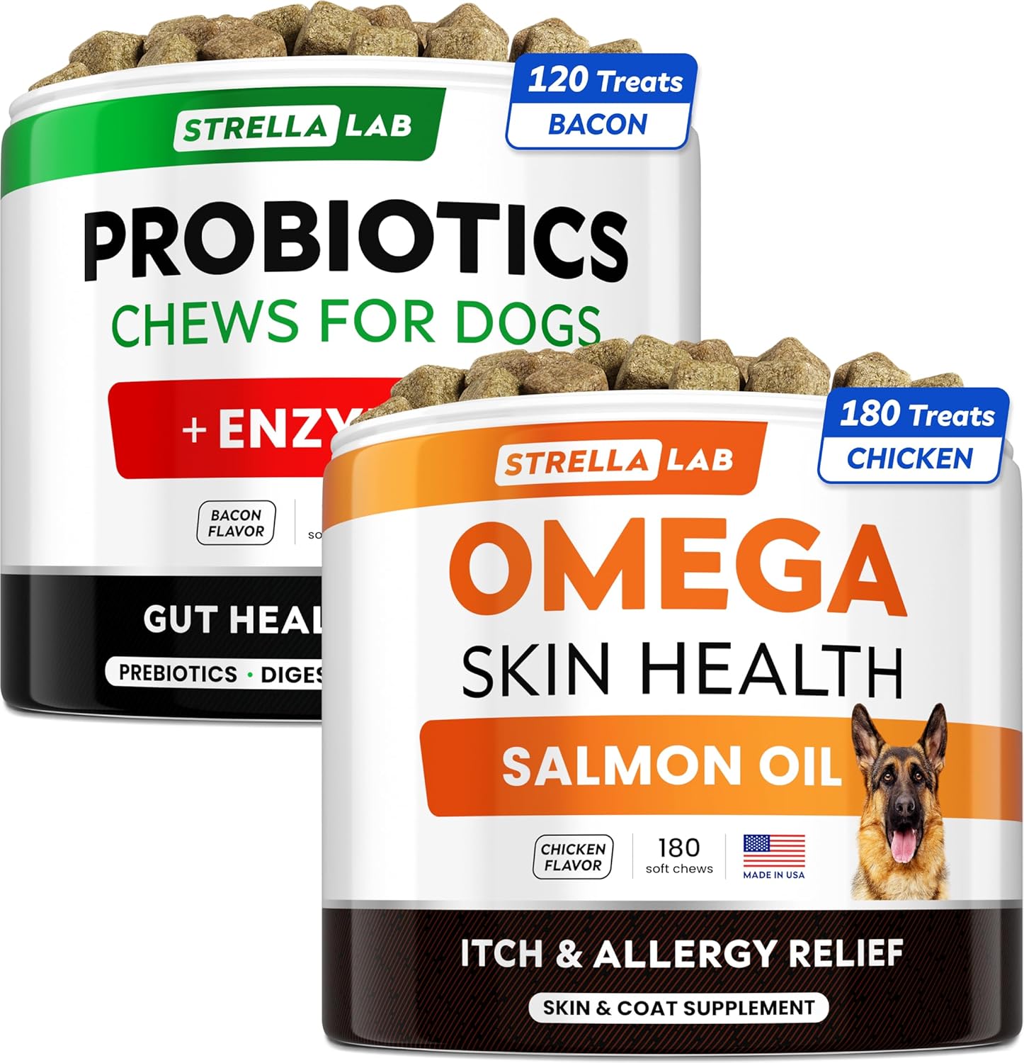 Omega 3 + Probiotics Dogs Bundle - Allergy & Itch + Improve Digestion & Immunity - Omega 3 & Pumpkin + Digestive Enzymes - Prebiotics - Itchy Skin + Itching & Licking Treats - 300 Chews - Made in USA
