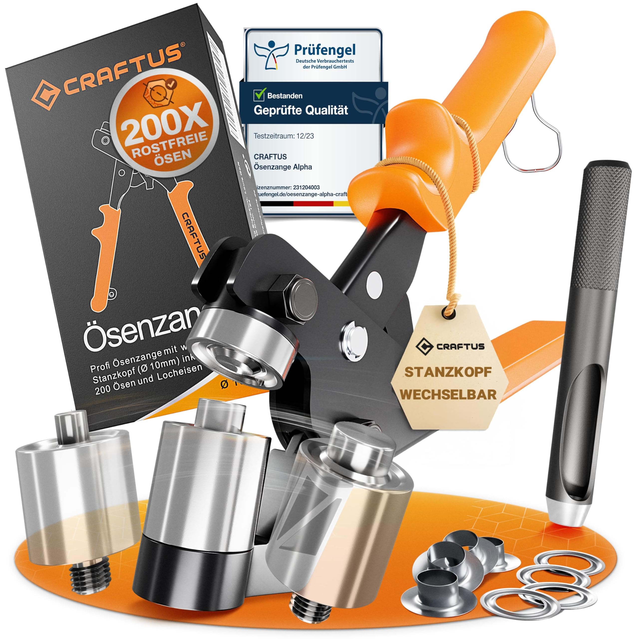 CRAFTUS® Alpha Ösenzange für Planen & Stoffe mit wechselbarem Stanzkopf [10mm] I Ösenpresse mit 200 rostfreien Edelstahl Ösen Set I Ösenzange Set mit Magnetkopf