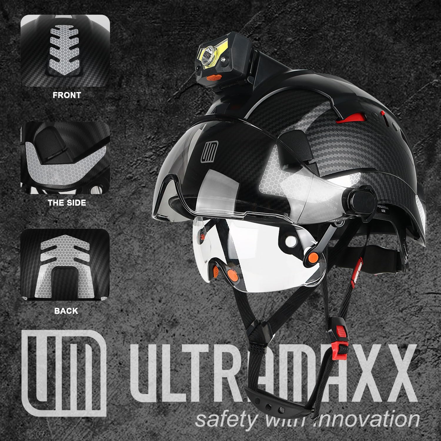 UMULTRAMAXX Harthut mit doppeltem Visier und wiederaufladbarem Scheinwerfer, inkl. Rucksacktasche und Totenkopf Mützeneinsatz, Schutzhelm für Herren, ideal für Baustelle