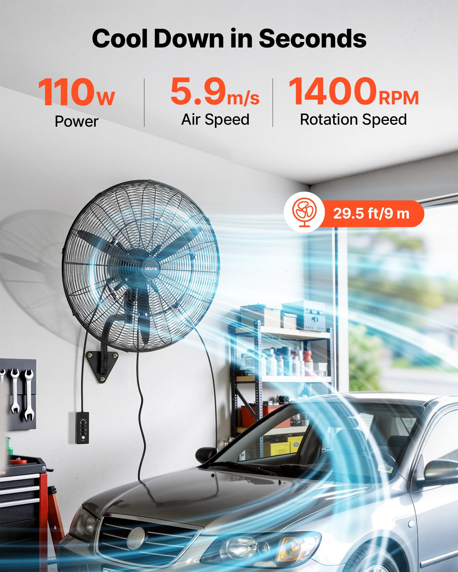VEVOR Ventilador de Pared con 3 Velocidades, Nebulización, Motor de Cobre, IP44, Ángulo Ajustable, Ventilador Industrial Oscilante de Acero al Carbono para Exterior, Taller, Invernadero, Ganadería