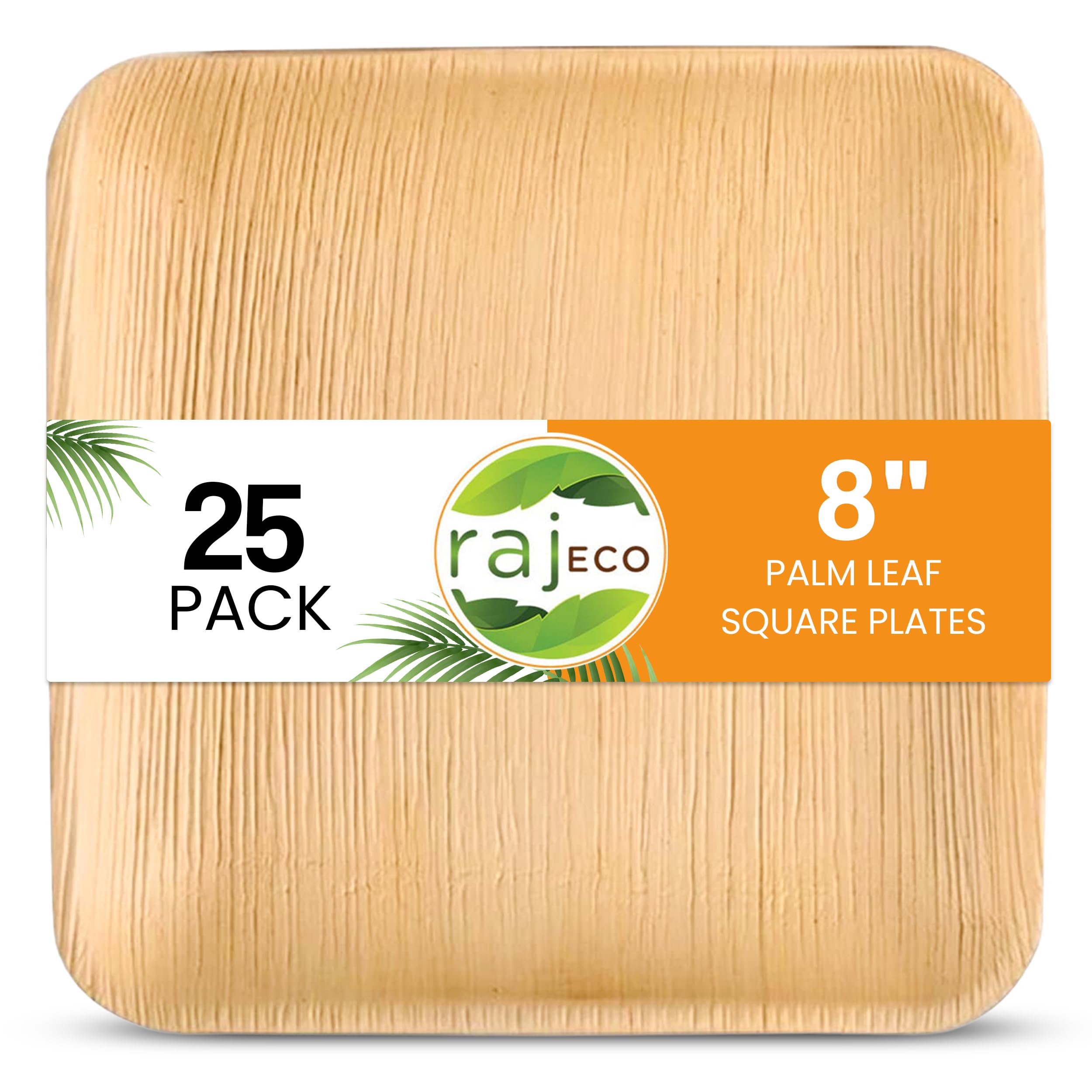 Raj Eco Compostable Palm Leaf Plates Like Bamboo Plates Disposable - 8 Inch Square 25 party plates, Natural wooden, Eco-Friendly, fancy Biodegradable & Disposable Dessert appetizer Plates