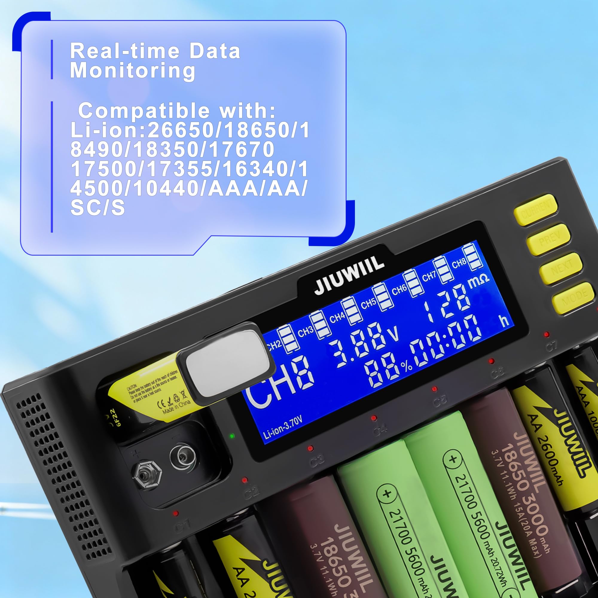 18650 Akku Ladegerät, JIUWIIL 8+2 Schacht Schnellladung Universal Akkuladegerät mit LCD-Display für Wiederaufladbare Akkus Li-Ion LiFePO4 26650 17500 16340 18650 14500 10440 & 9V